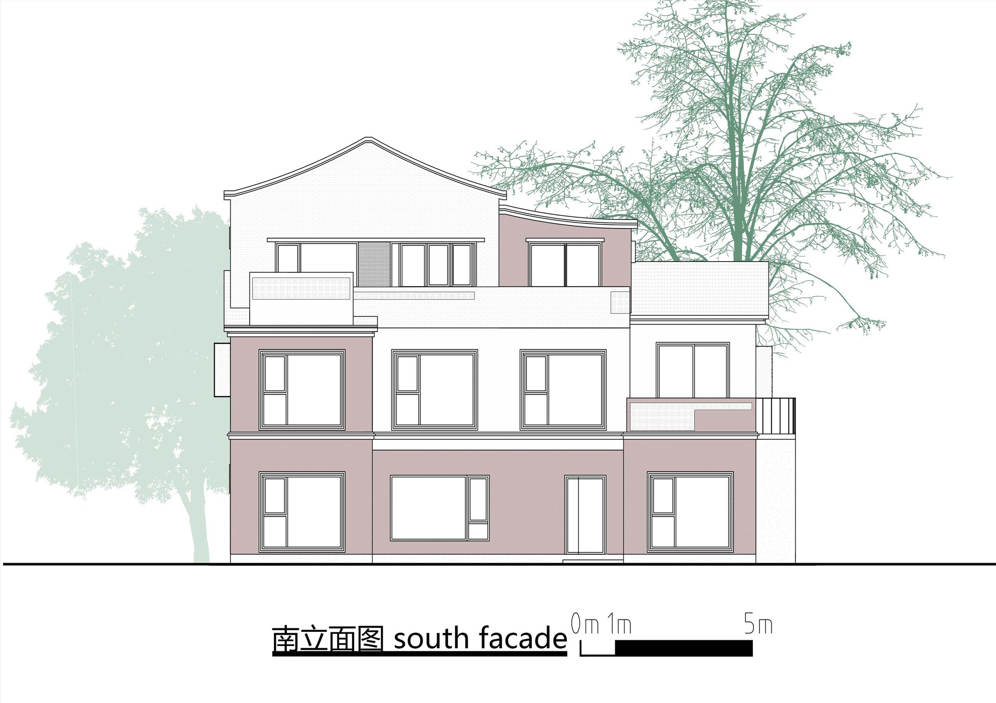 South elevation drawing of a three-story residence with pink and white facades and adjacent trees