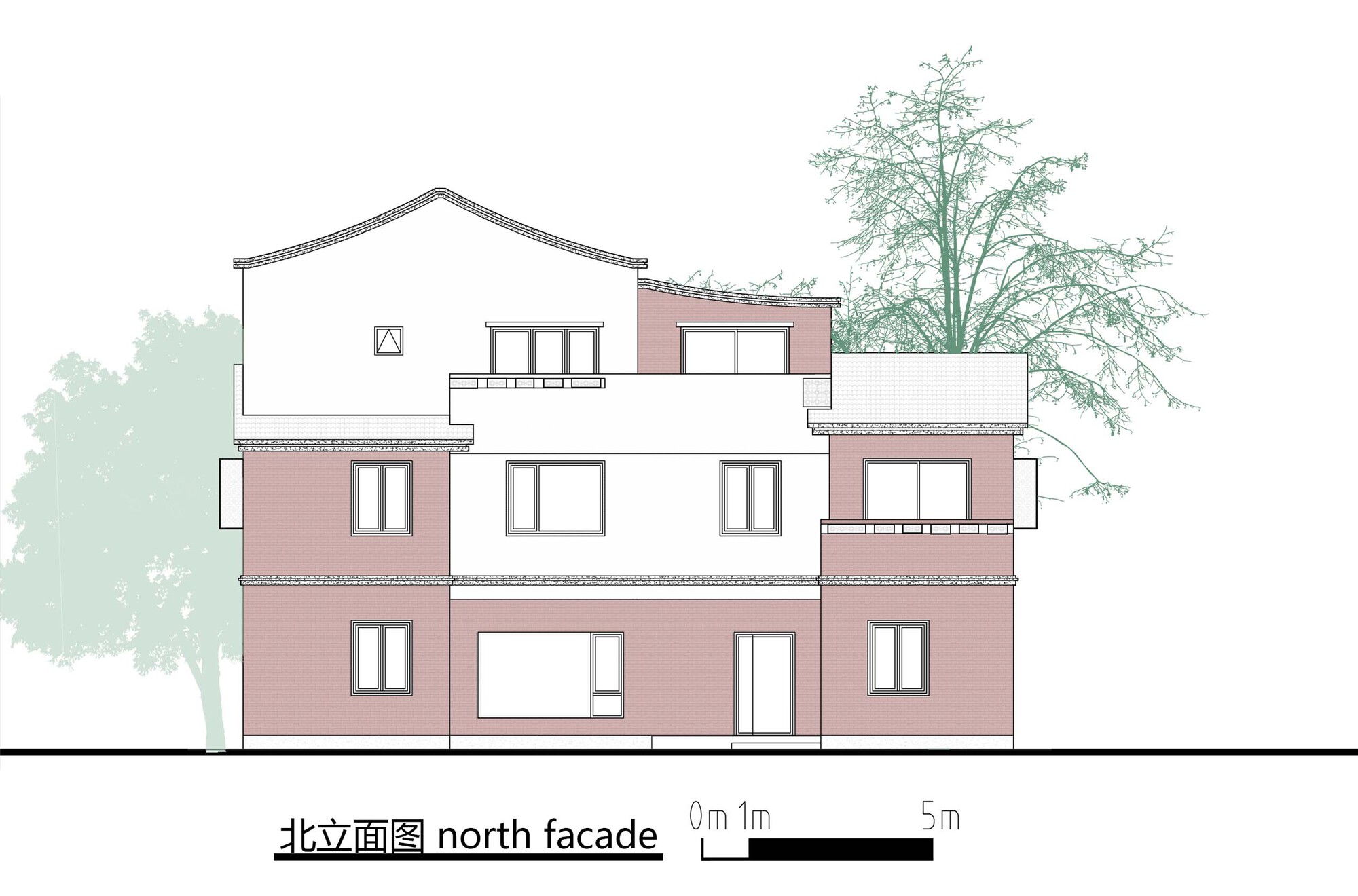 North elevation drawing showing varied massing with balconies, a pitched roof and flanking trees