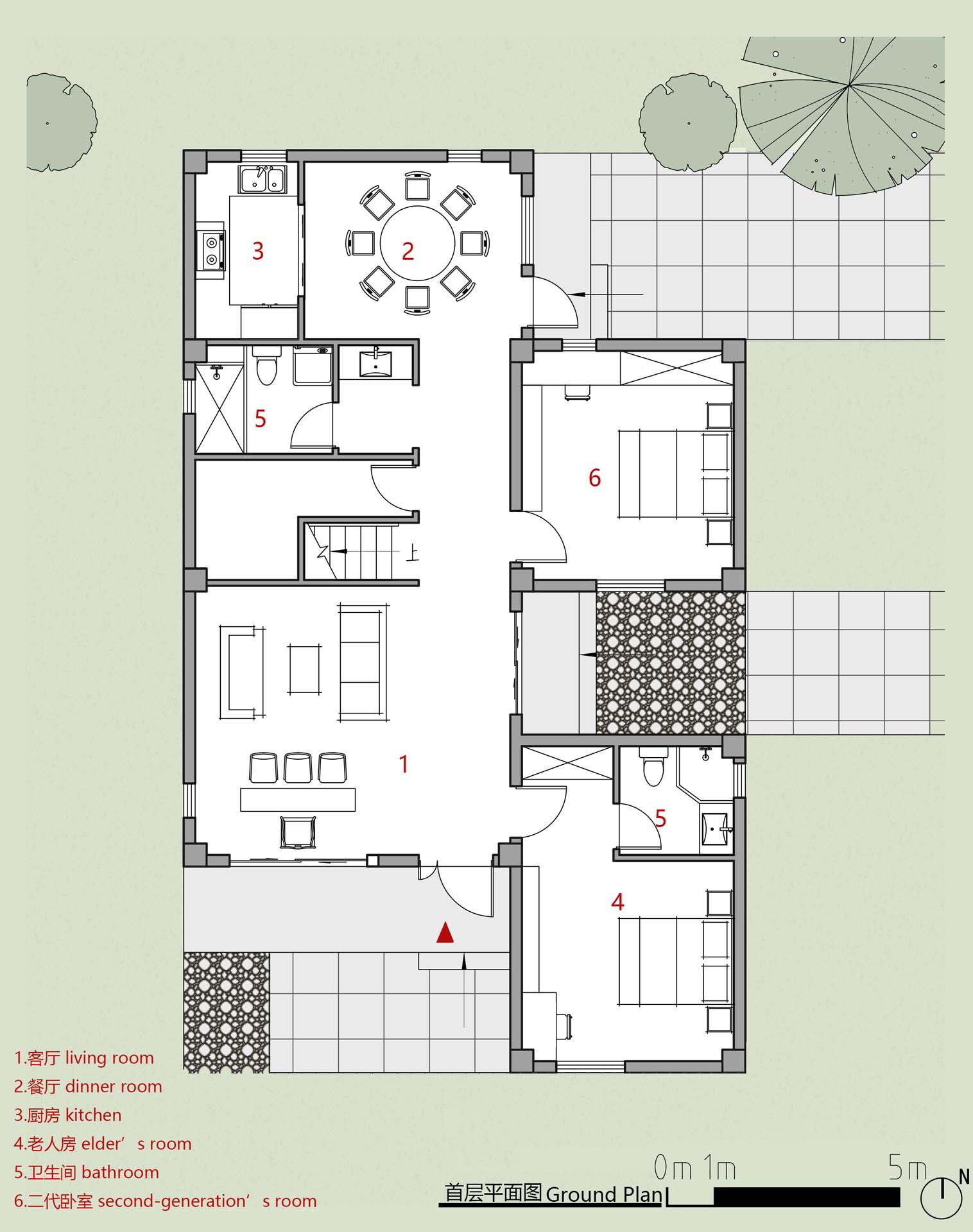 Ground floor plan with living areas, dining room, kitchen and two outdoor terraces with trees