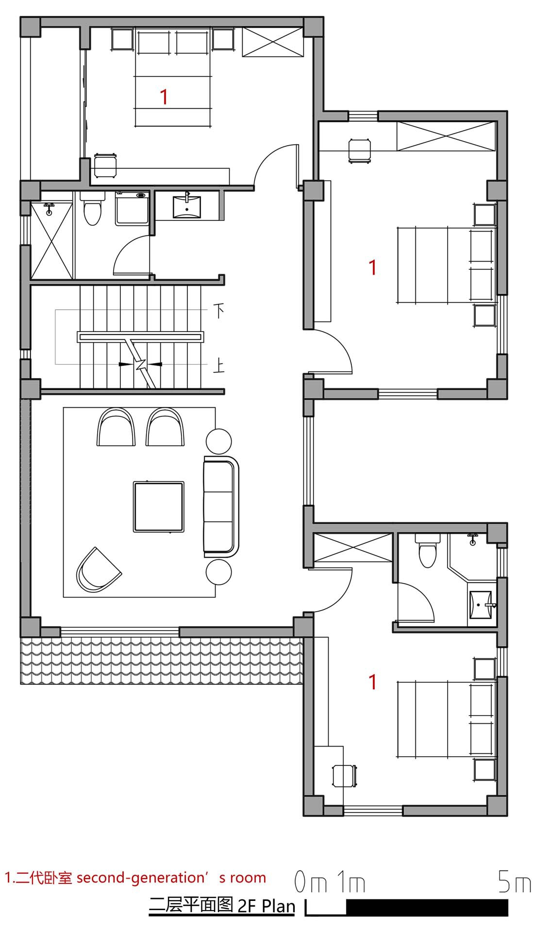 Second floor plan featuring three bedrooms, a central staircase and a tiled terrace at left