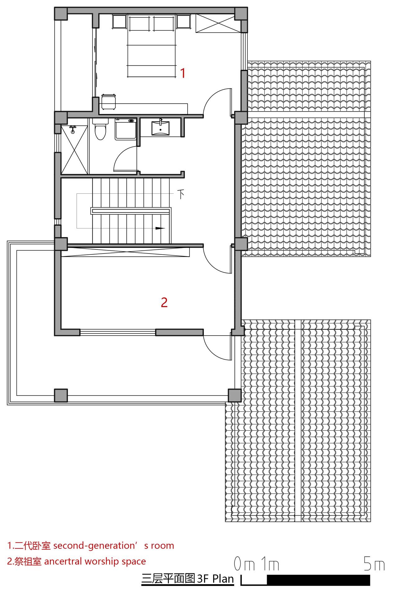 Third floor plan drawing showing a bedroom with bathroom and rooftop terrace zones