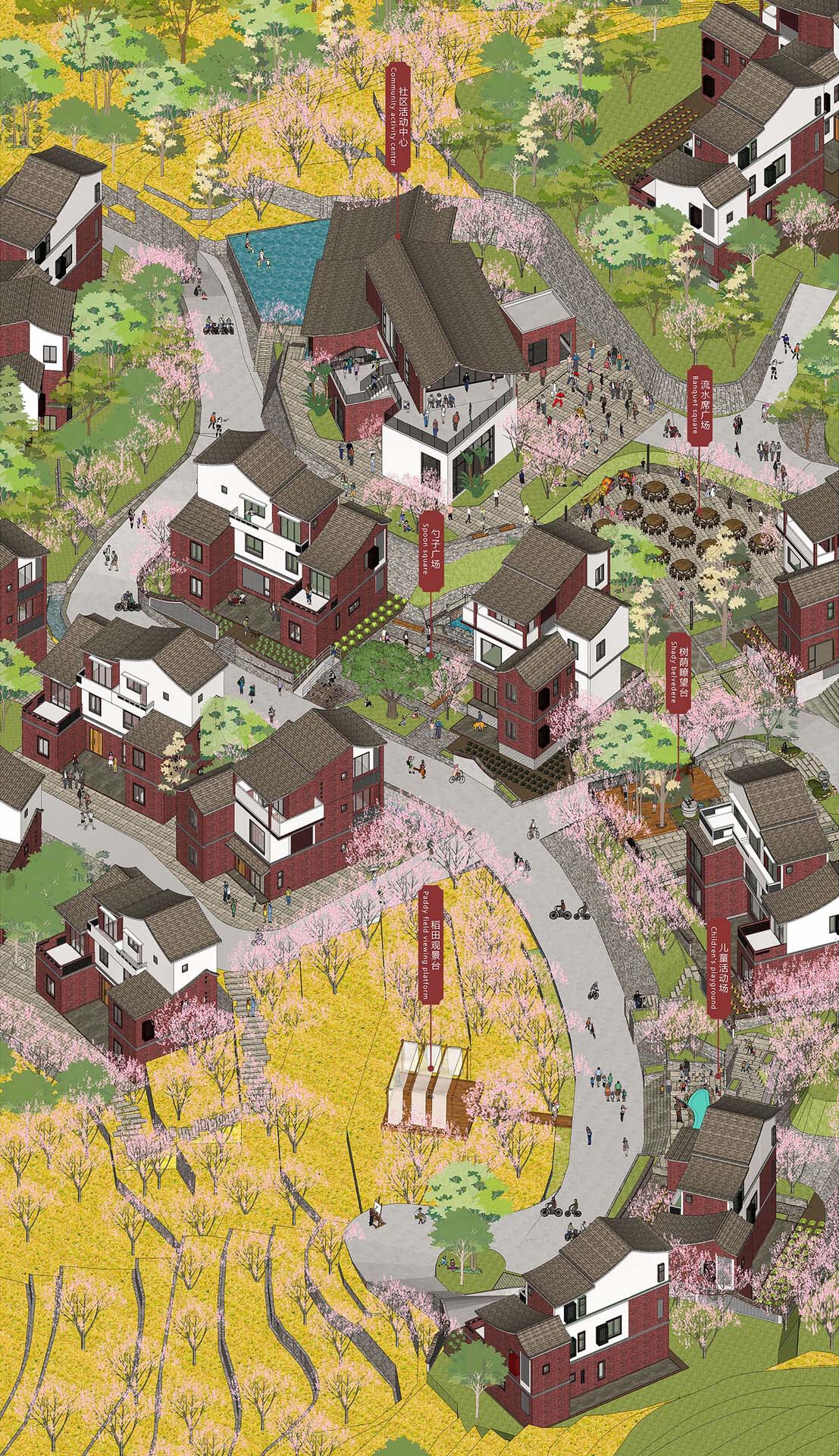 Axonometric drawing showing clustered residential buildings with pitched roofs among spring cherry blossoms and winding pathways