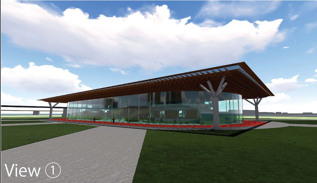 Exterior view of the Emotional Incubator, defined by a sweeping timber roof, transparent facade, and surrounding athletic track.