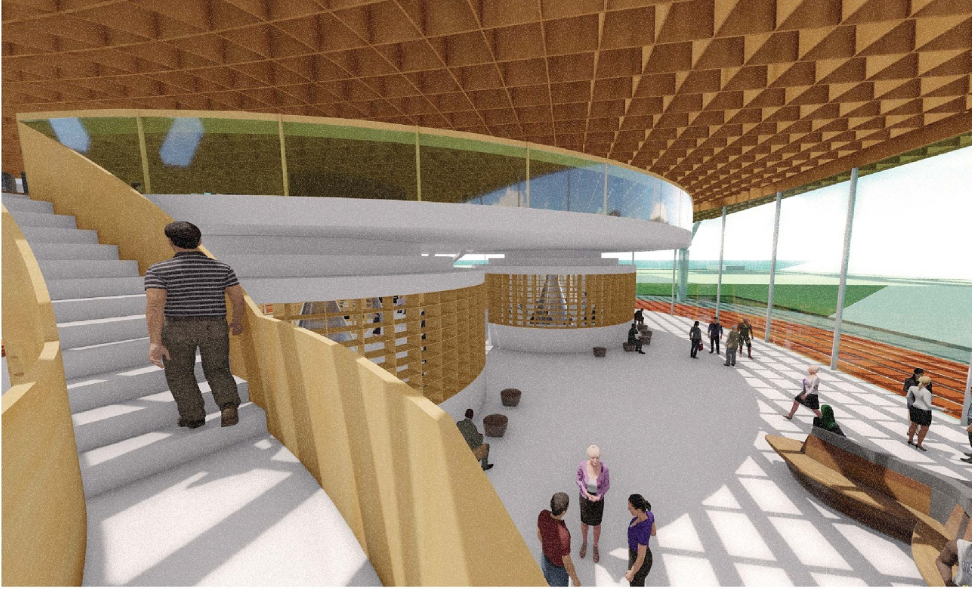 Interior circulation connects multiple levels beneath the patterned timber roof, creating an open and socially active sports environment.