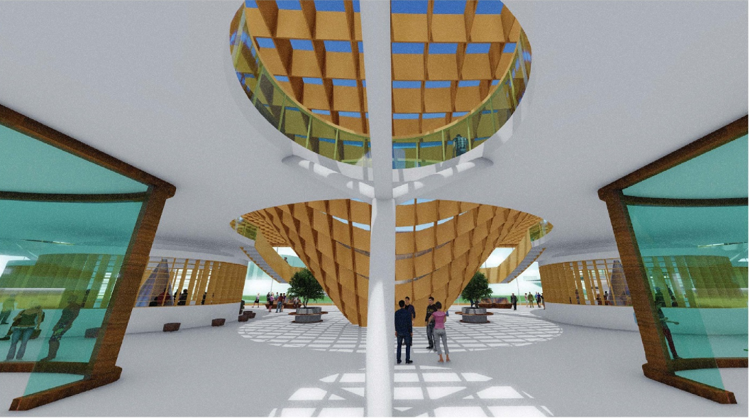 The central atrium links floors through circular openings, filtered daylight, and a dramatic descending timber roof structure.