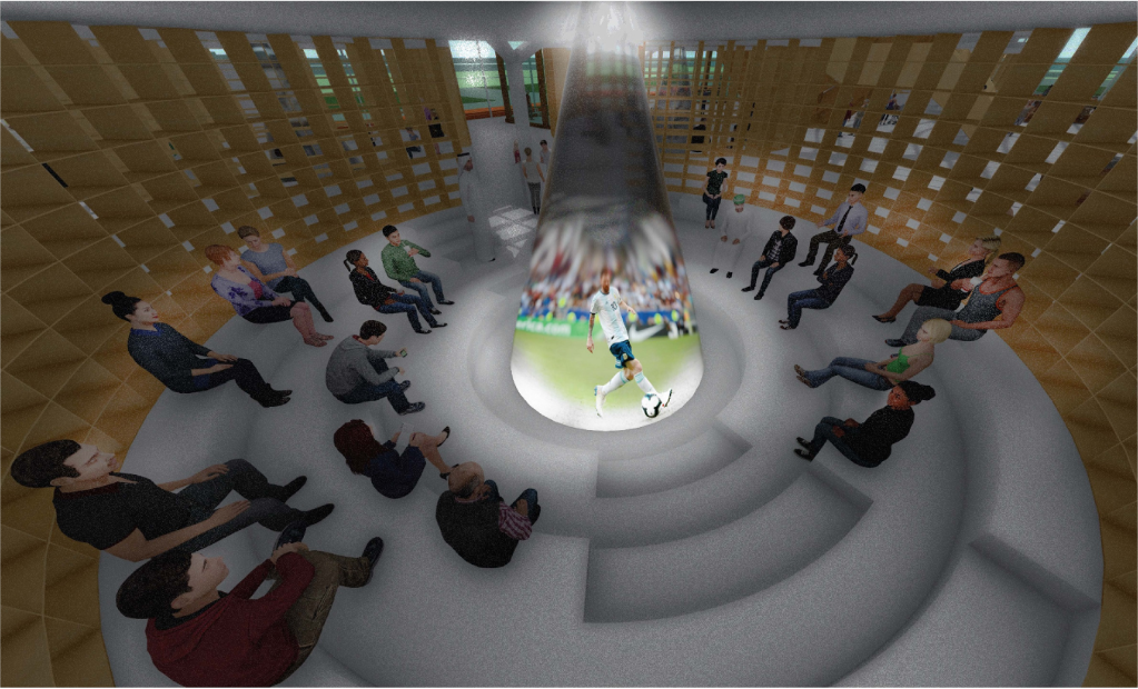 Immersive holographic mini stadium where spectators gather in circular seating to experience sporting events collectively.