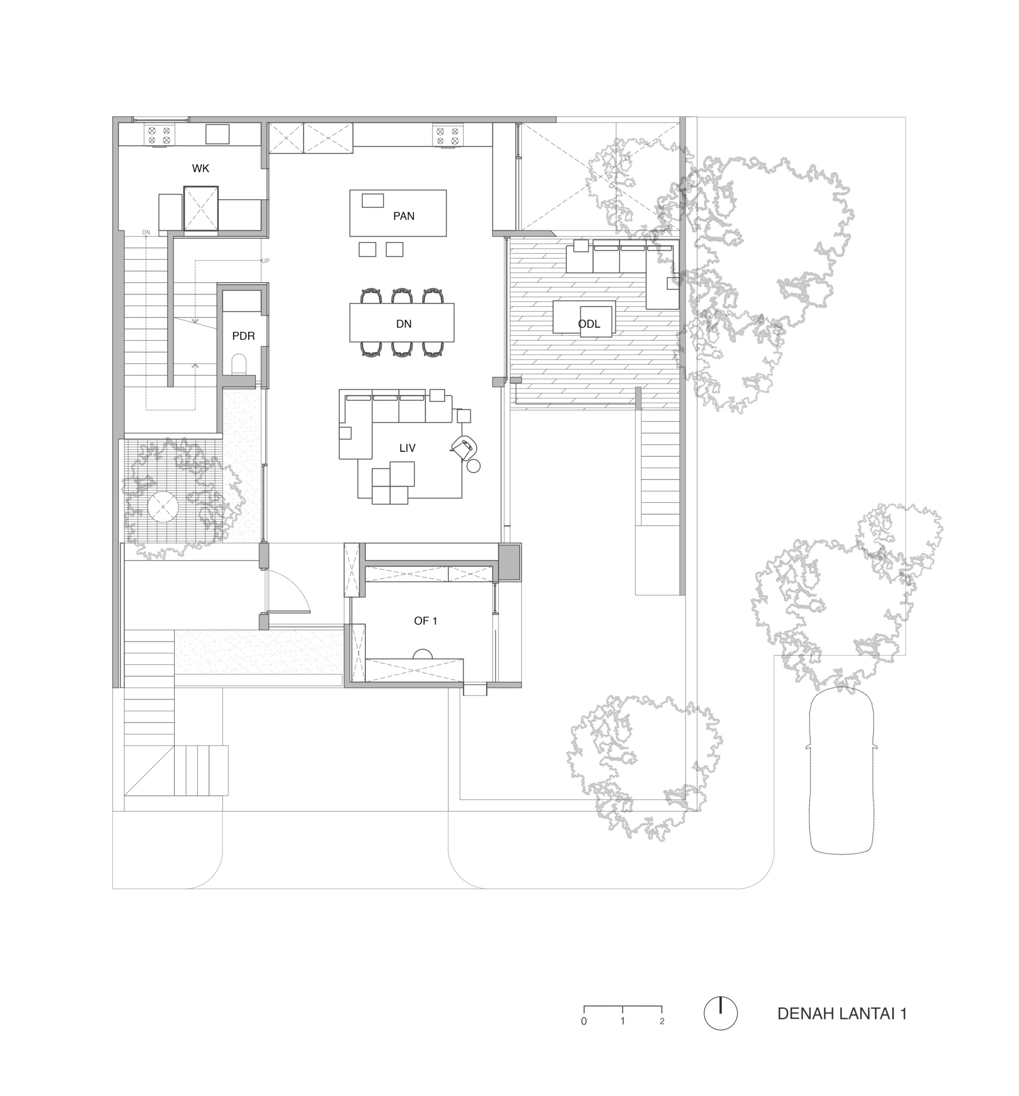 First floor plan showing open living and dining spaces with timber decking and garden courtyards