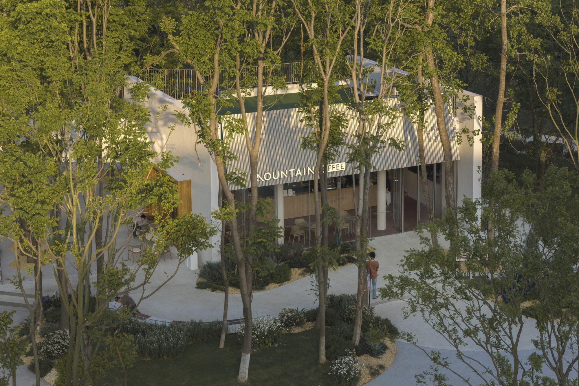 Cafe pavilion with vertical slatted facade nestled among trees at dusk