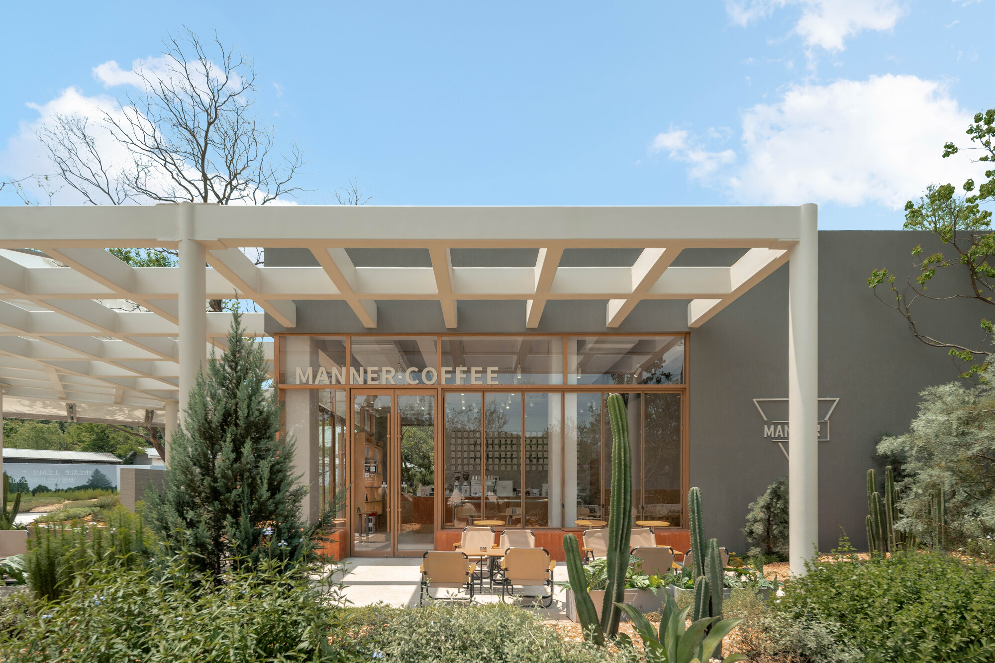 Timber-framed pergola sheltering a glass-walled cafe with cacti and shrubs in foreground planters