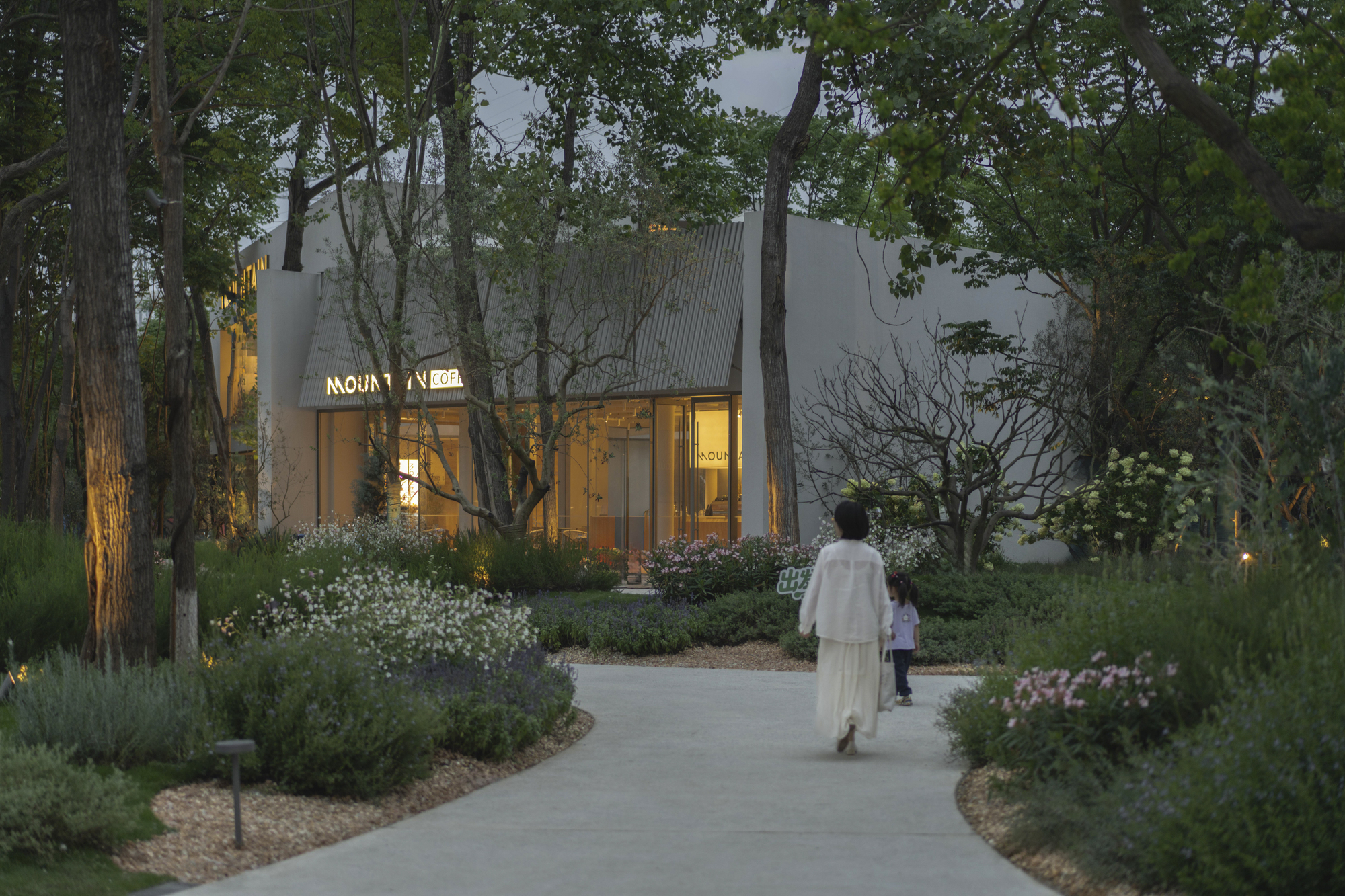 Corrugated metal facade with illuminated glazing viewed through a wooded pathway at dusk