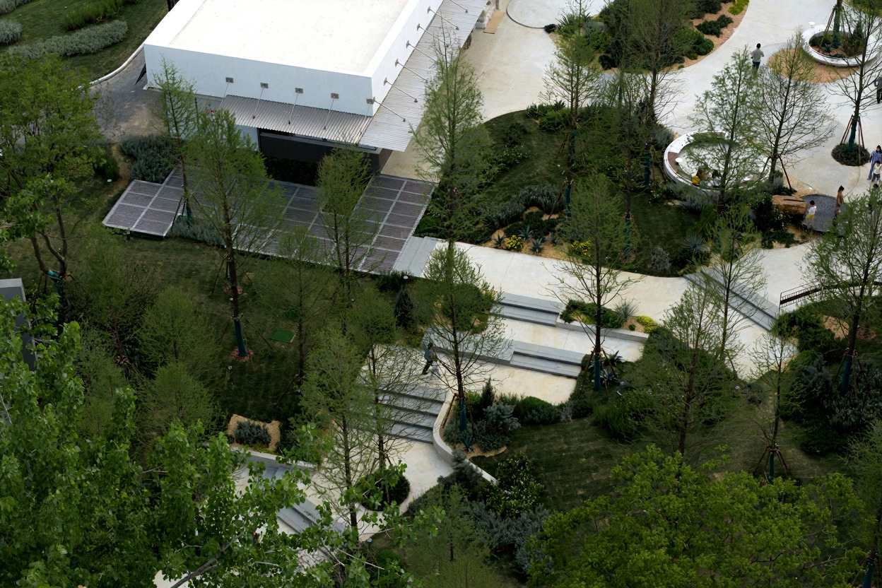Aerial view of white pavilion with folded roof and concrete paths winding through planted berms