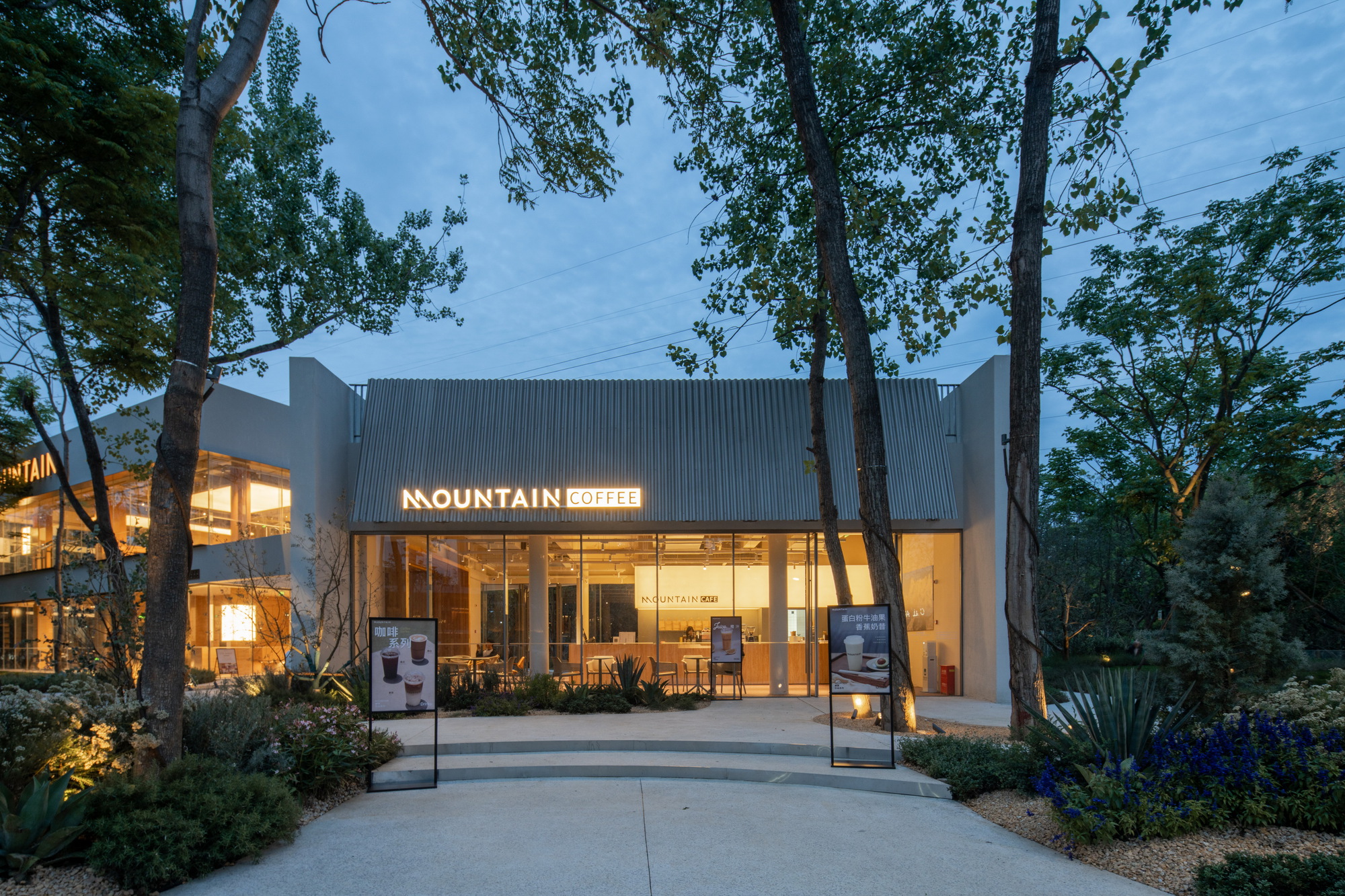 Coffee shop facade with corrugated metal cladding and glazed storefront framed by mature trees at twilight