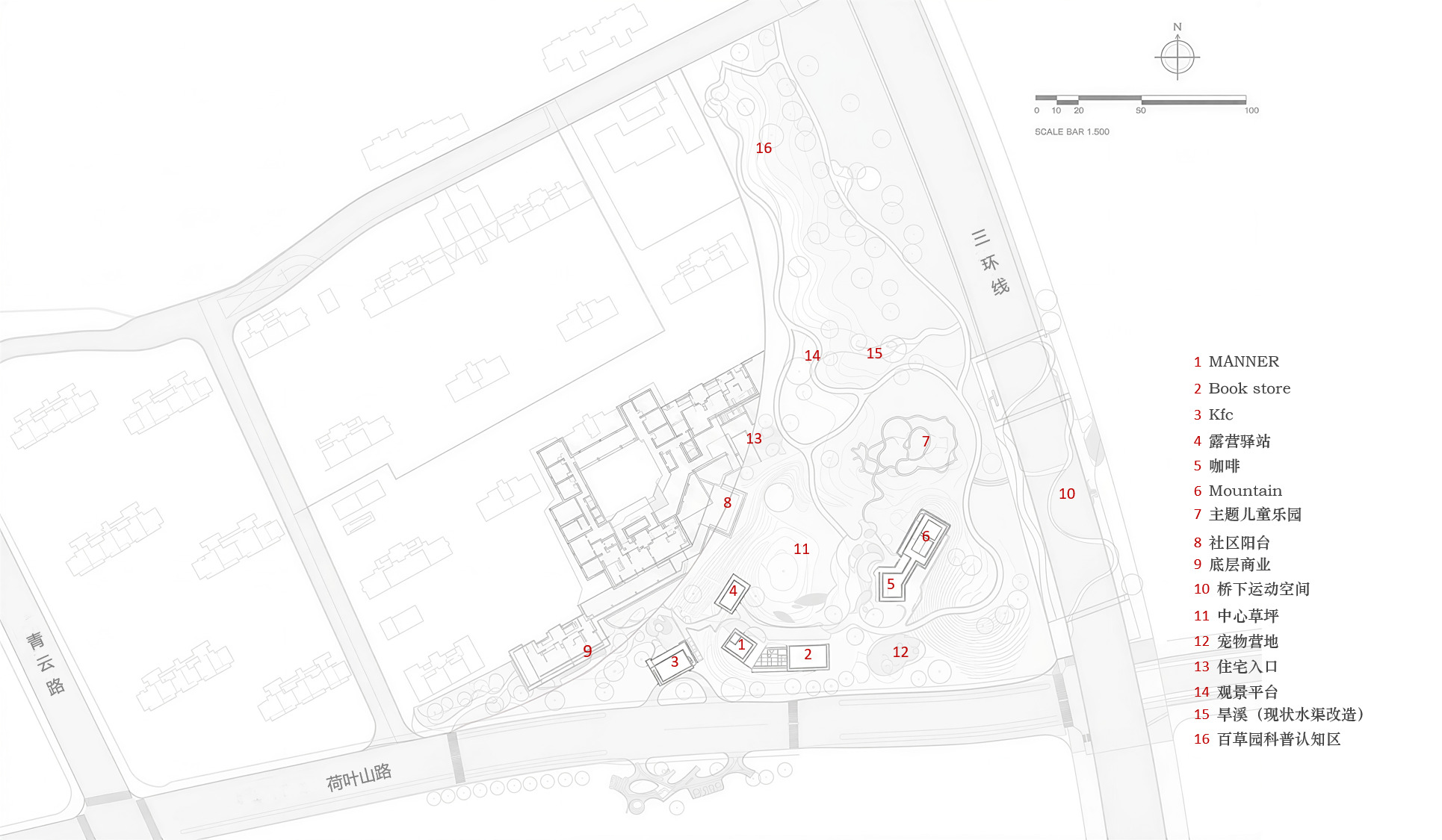 Site plan drawing showing multiple pavilions arranged around a landscape with contour lines