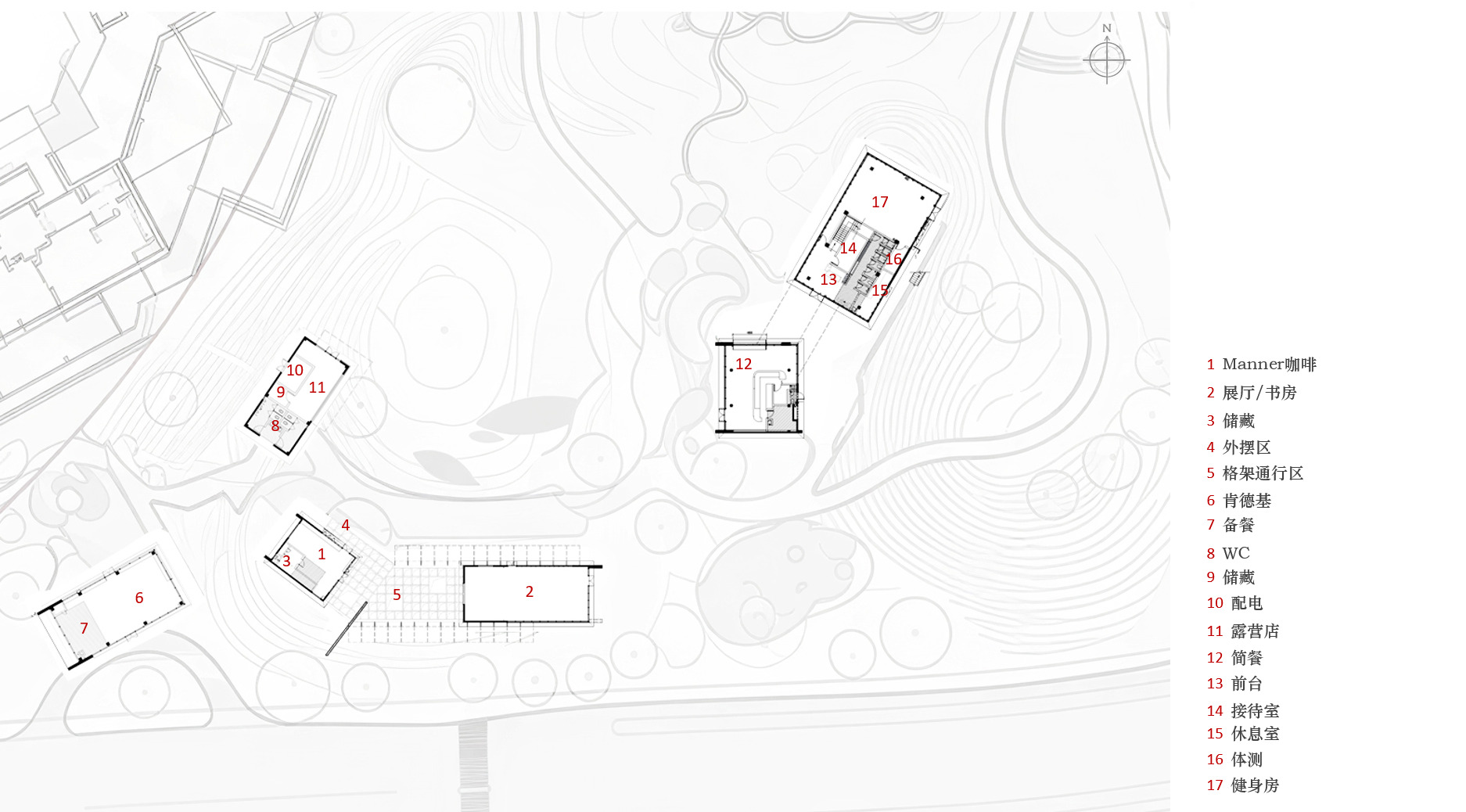 Site plan drawing depicting scattered building footprints within topographic contours and vegetation