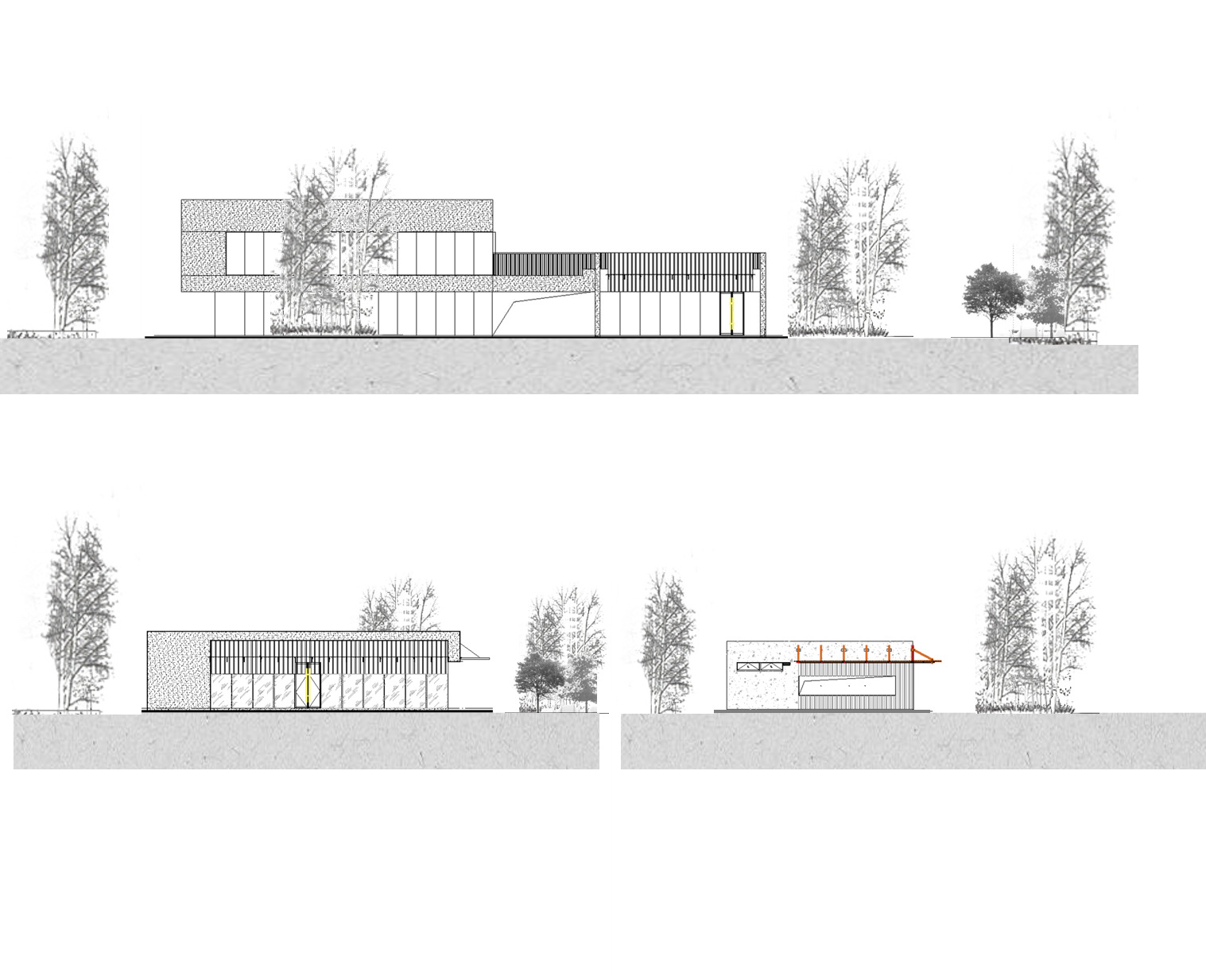 Elevation drawings showing three low-rise volumes with varied facades framed by trees