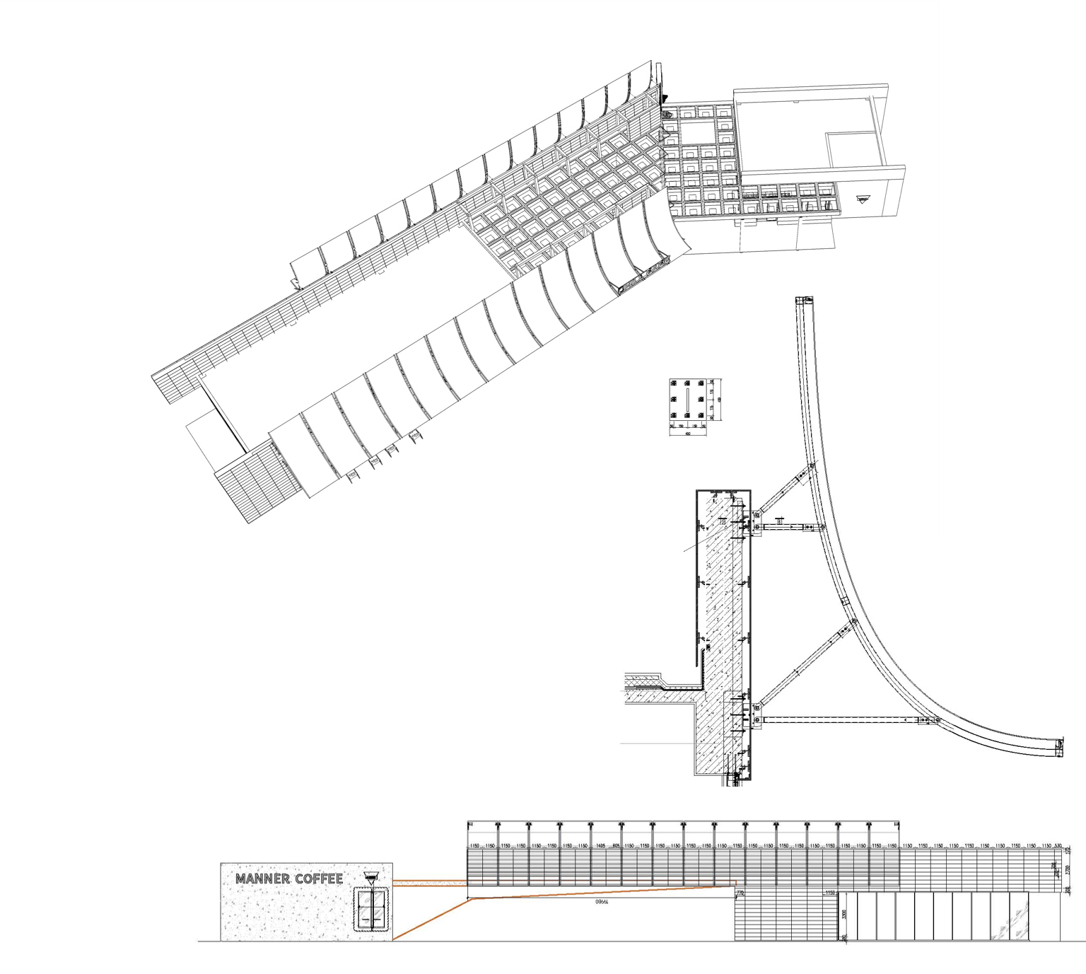 Axonometric roof plan and detail section drawings illustrating a long covered structure with exposed framing