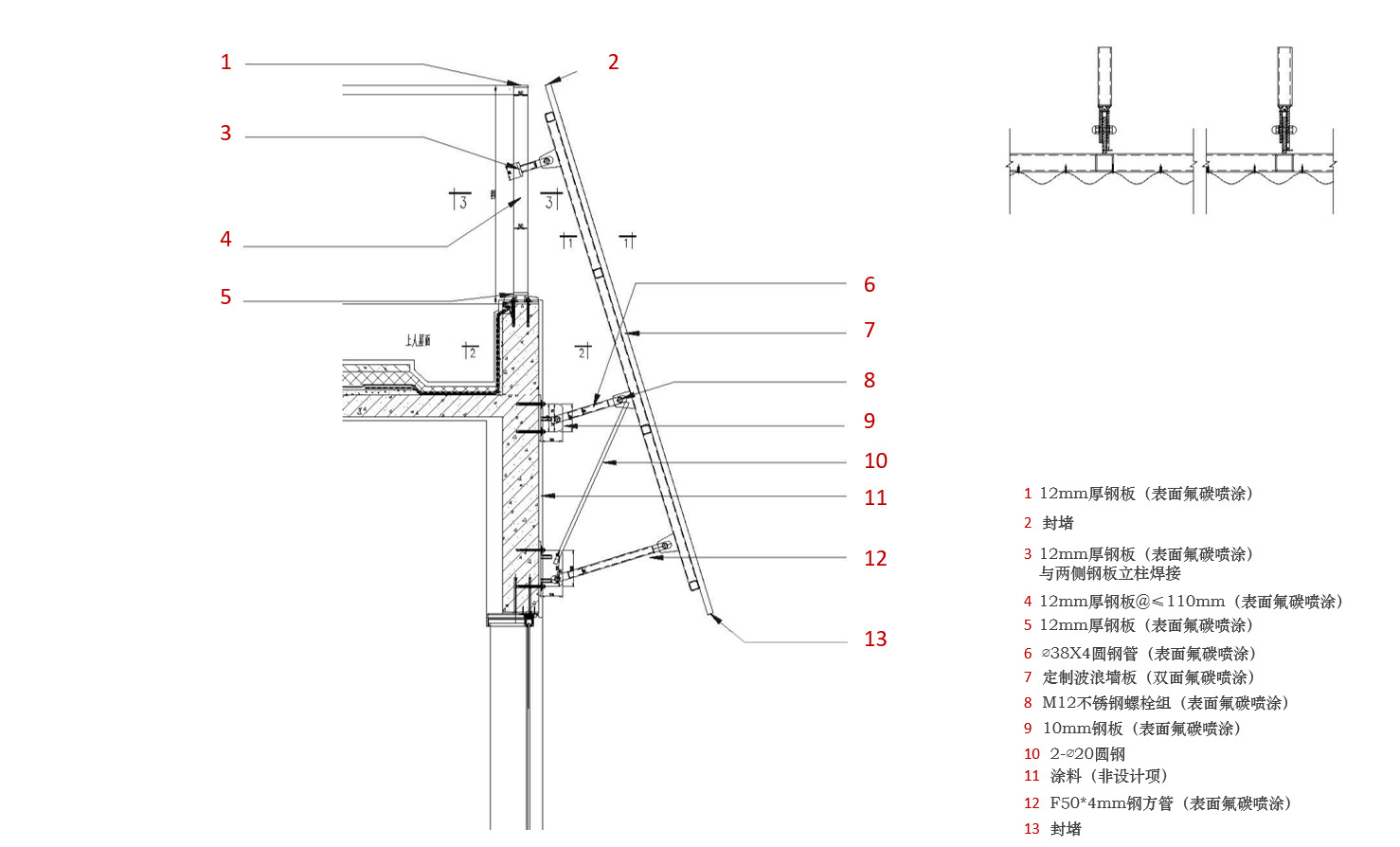 Section detail drawing showing the connection between sloped roof plane and vertical wall assembly