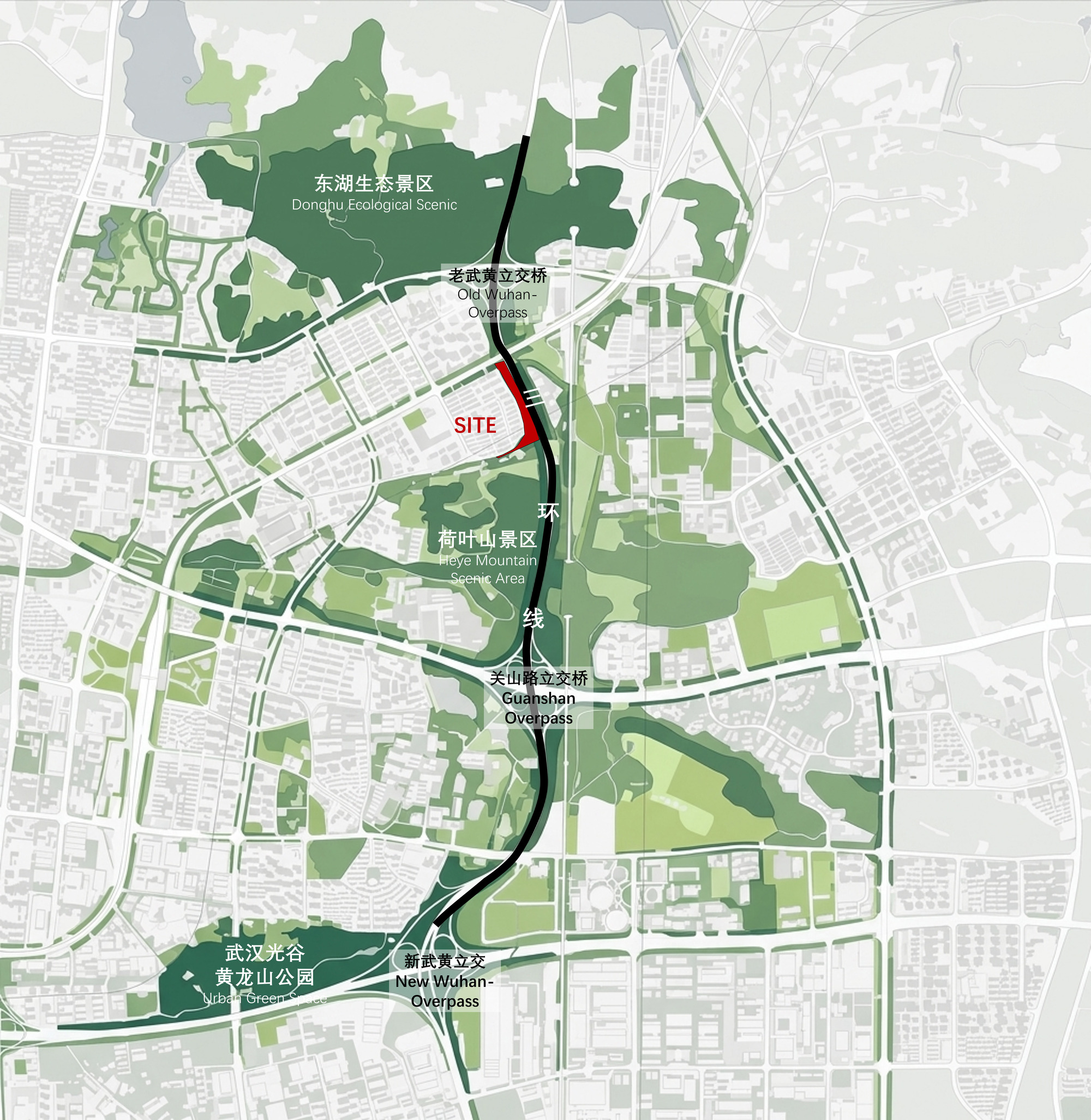 Site plan drawing showing the project location amid green ecological zones and urban infrastructure corridors