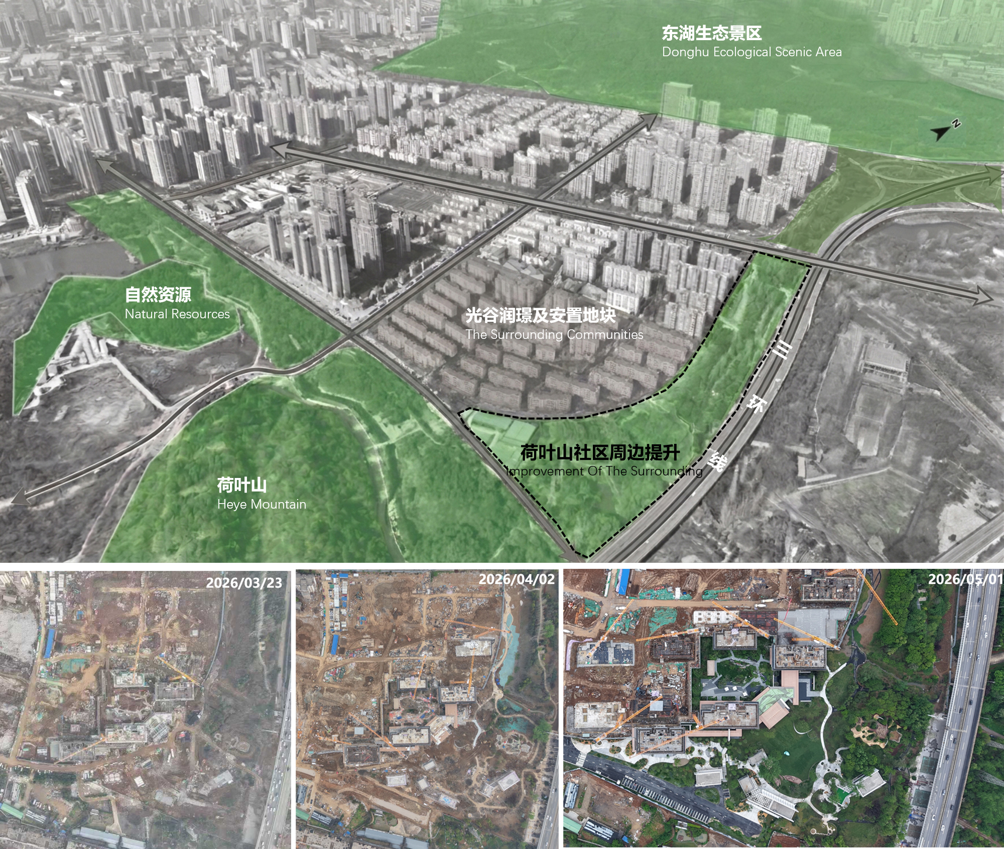 Aerial diagram overlaying green space zones onto a grayscale urban fabric with construction progress photos below