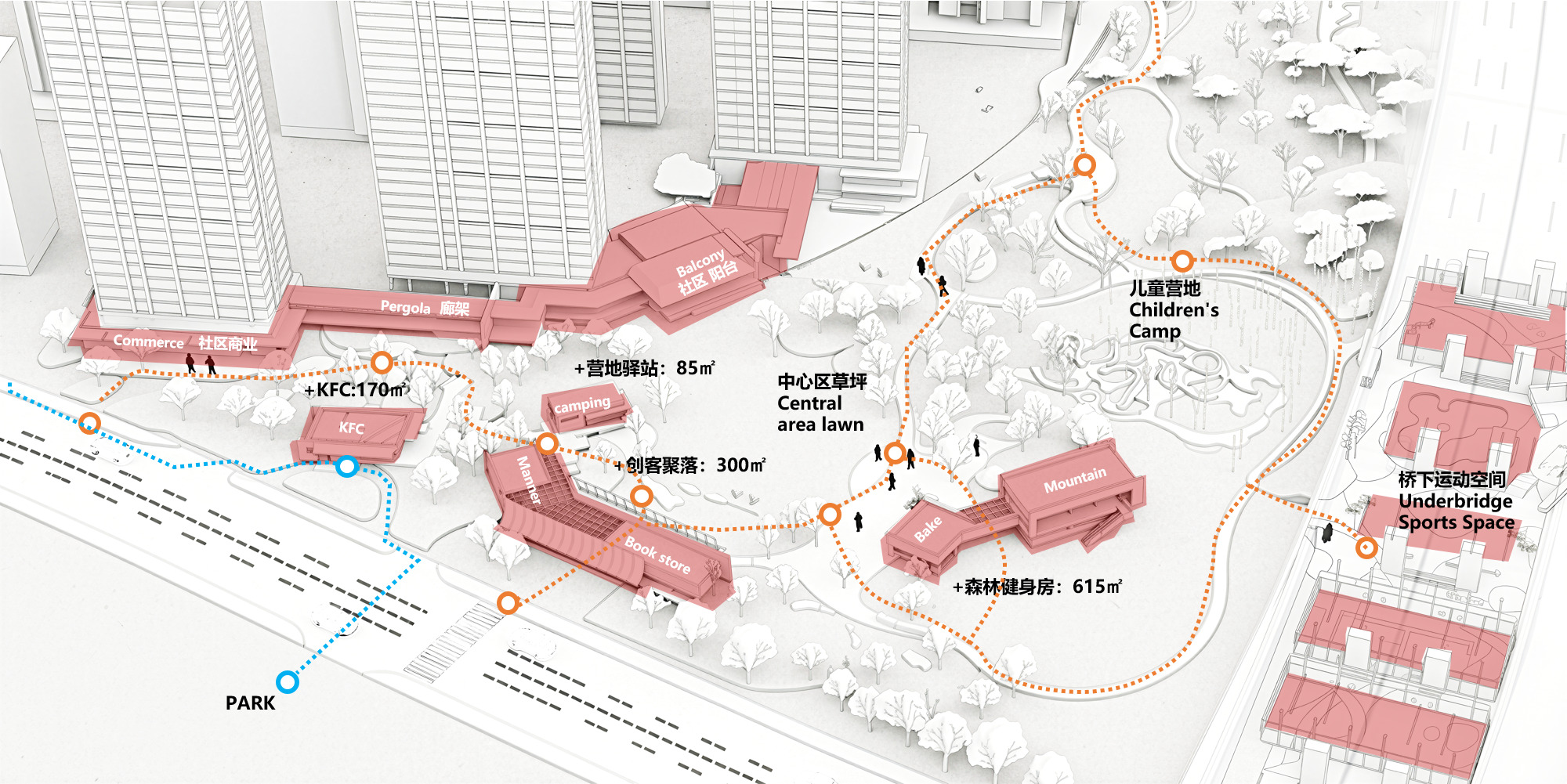 Axonometric diagram highlighting program areas in pink with dotted circulation paths connecting pavilions and landscape zones