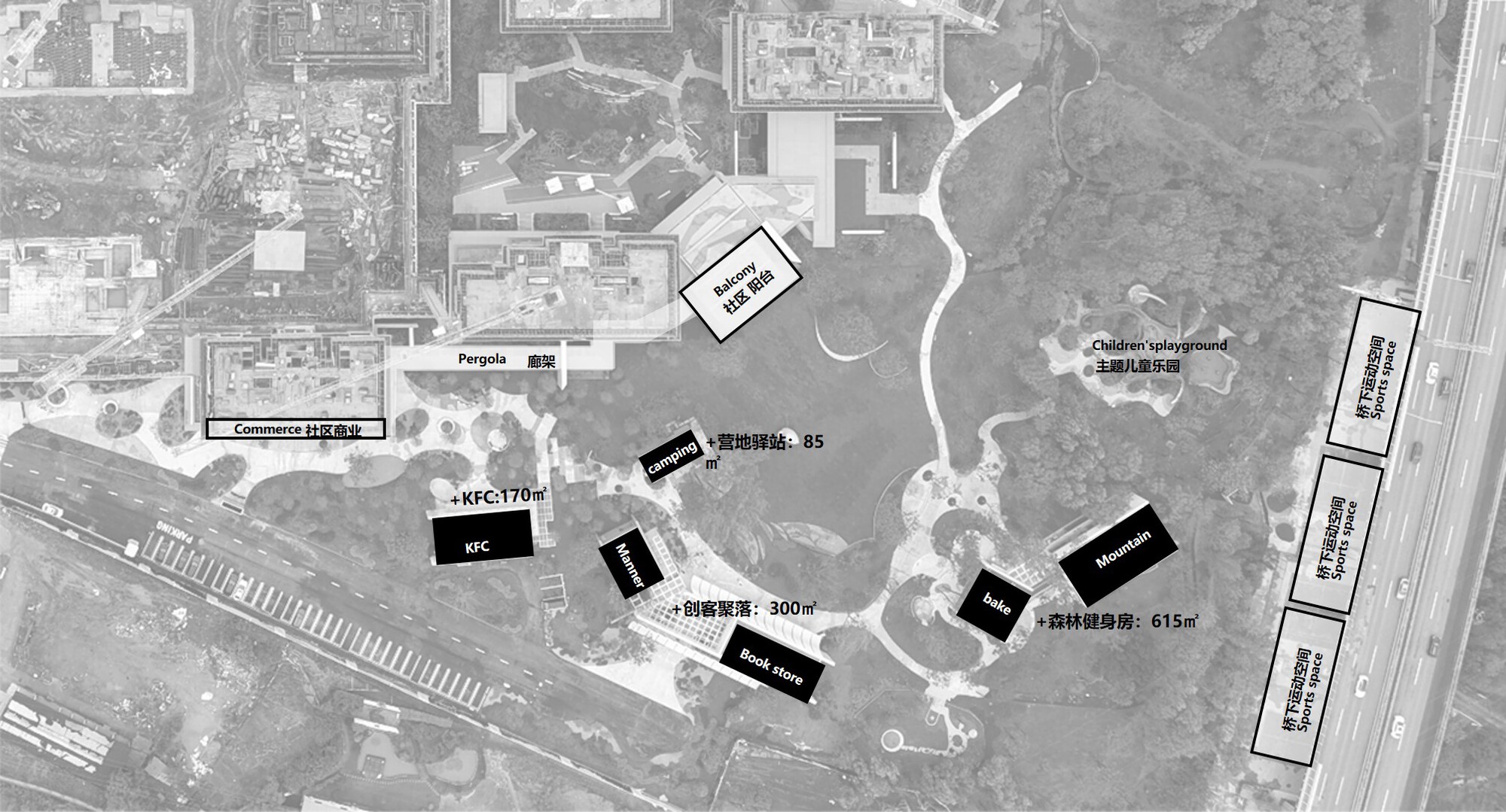 Aerial site plan with labeled building volumes in black distributed across a forested hillside and pathways