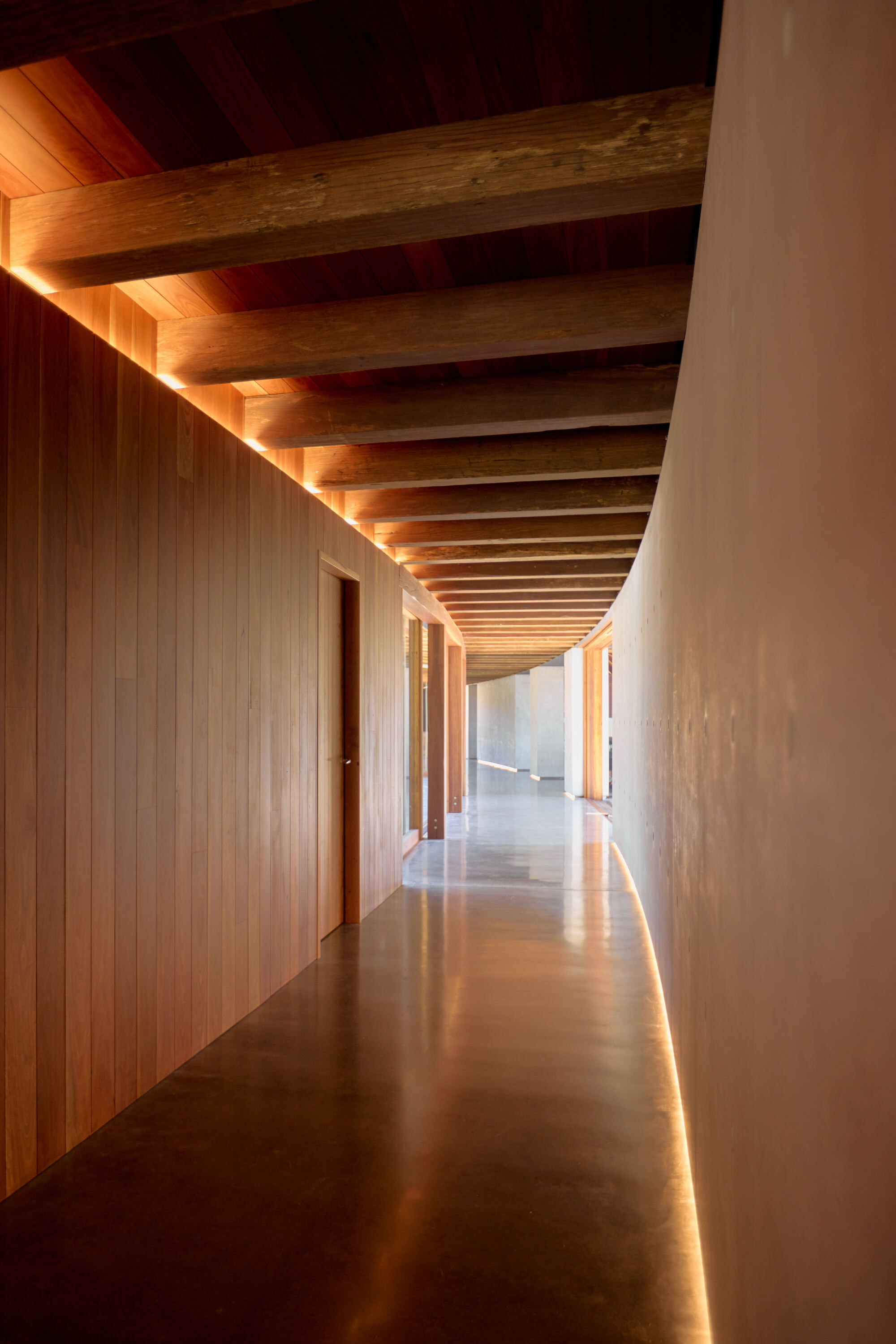 Timber-lined corridor with exposed beam ceiling and polished concrete floor glowing with indirect lighting
