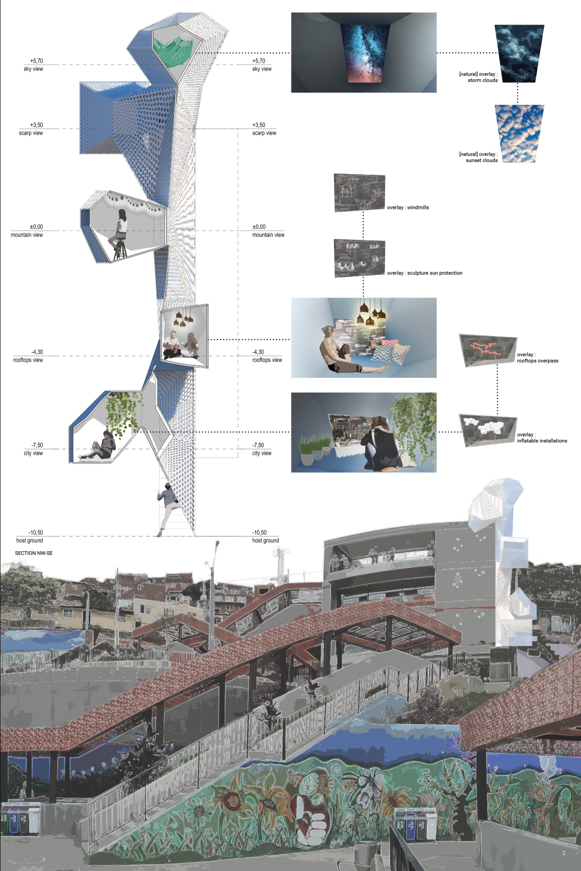Sectional study showing stacked viewing pods, community spaces, and speculative urban overlays.