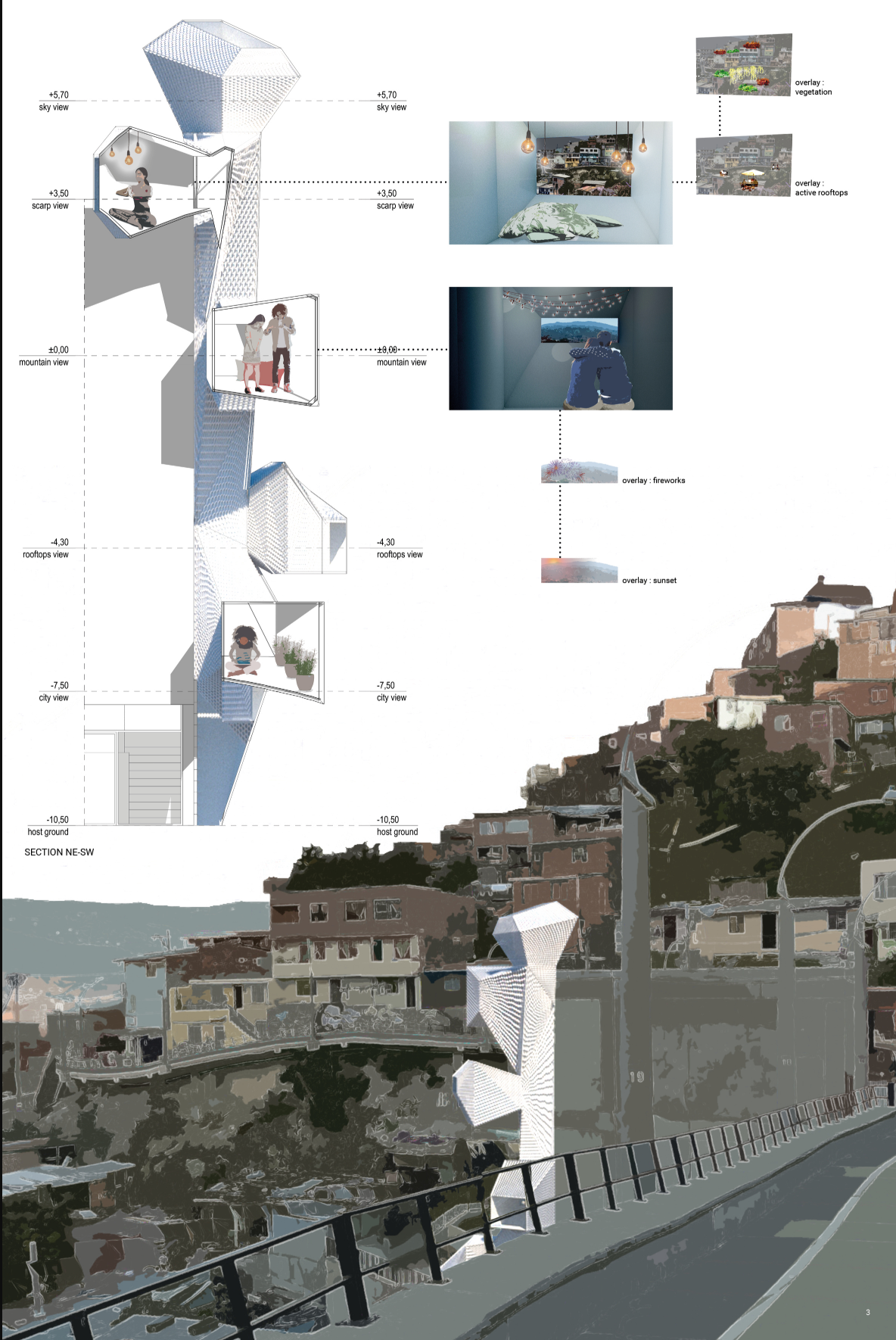 Angular observation chambers frame rooftops, mountains, and the wider cityscape of Comuna 13.