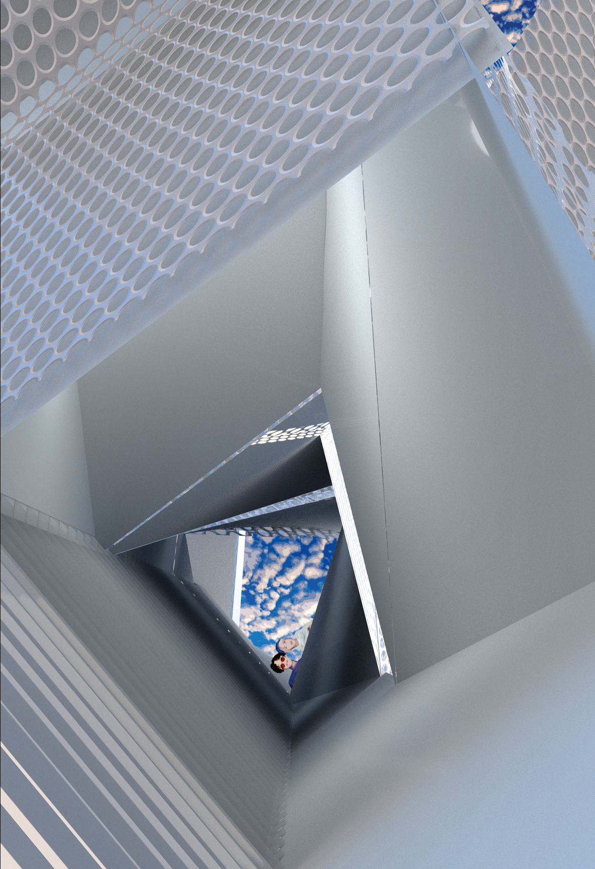 A dramatic interior perspective reveals layered geometric openings, perforated surfaces, and framed sky views.