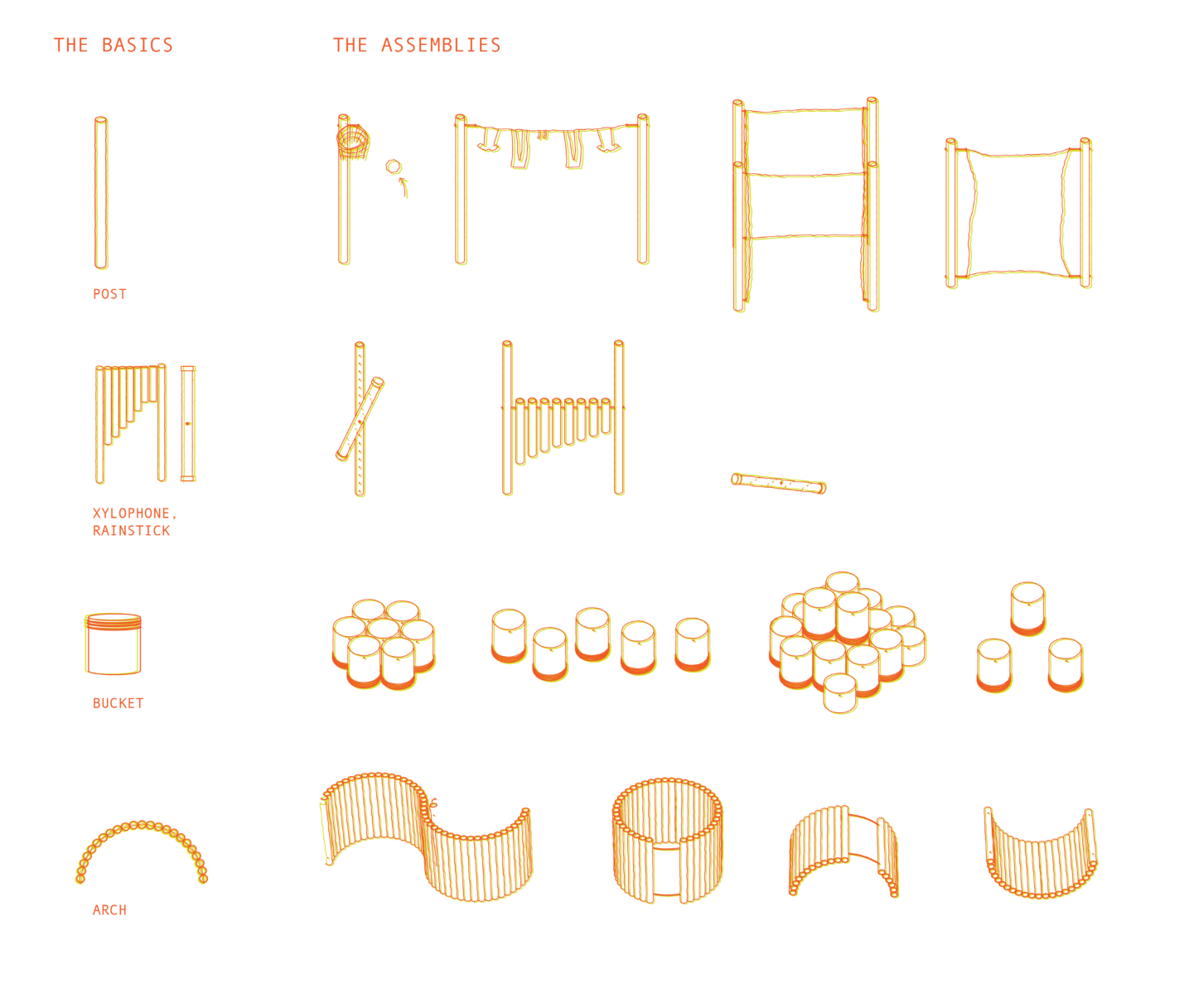 Posts, buckets, arches, and musical elements combine into flexible assemblies for multiple forms of play.