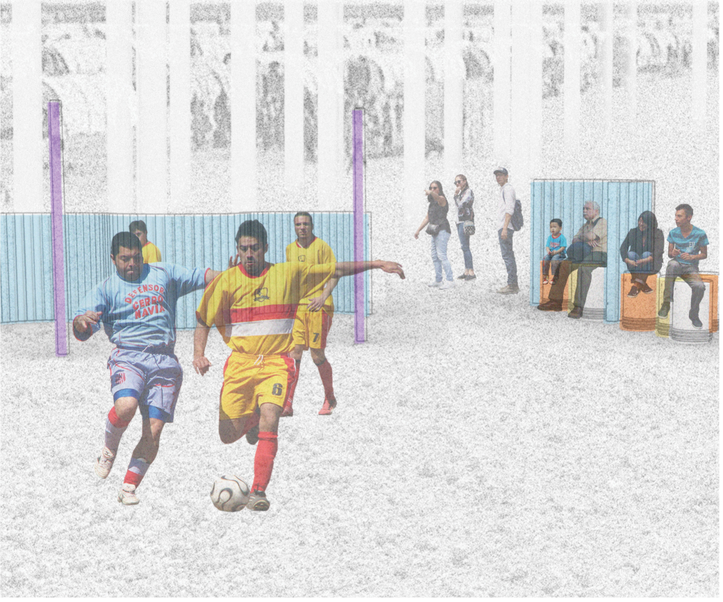 The large-scale configuration combines sport, gathering, and informal seating within a shared community space.