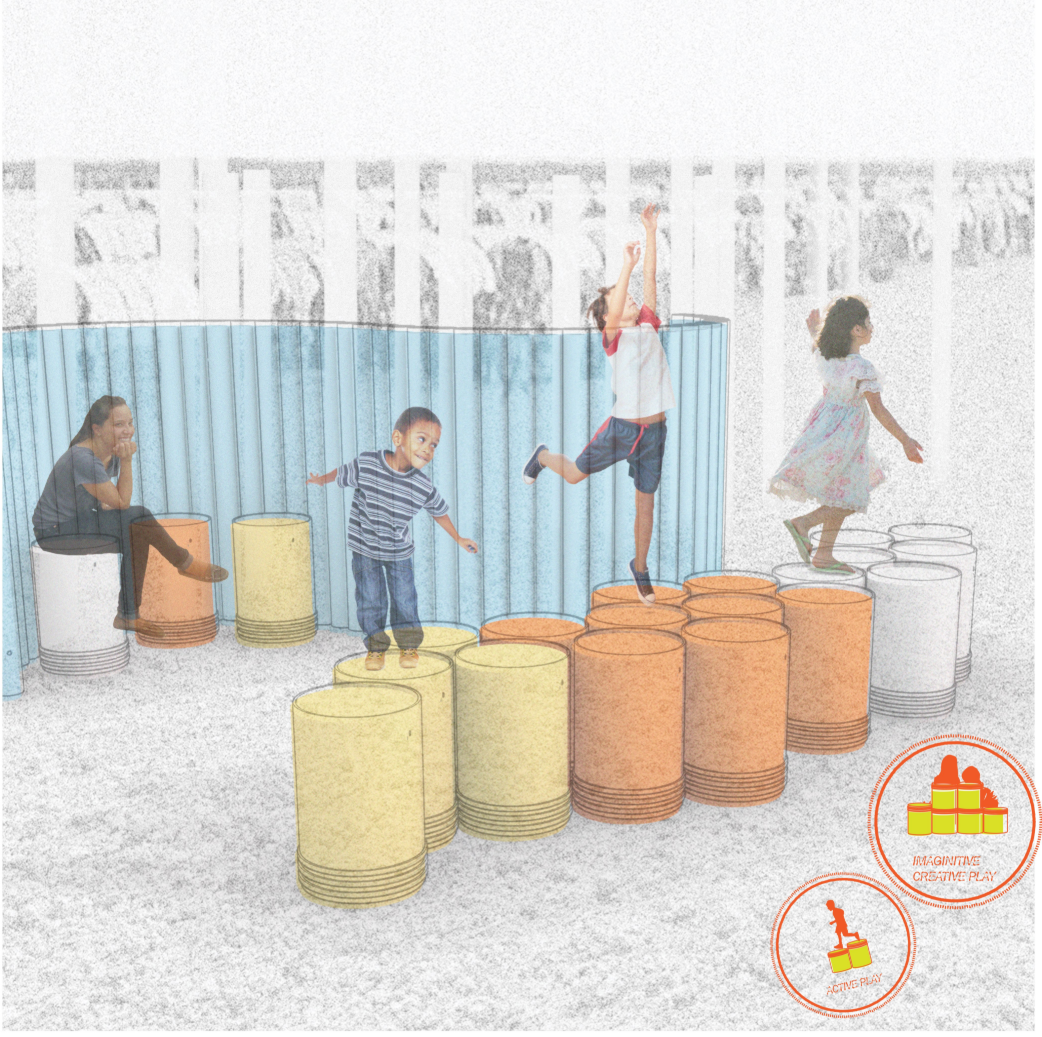 Repurposed buckets become stepping platforms, seats, and building blocks for active and imaginative play.