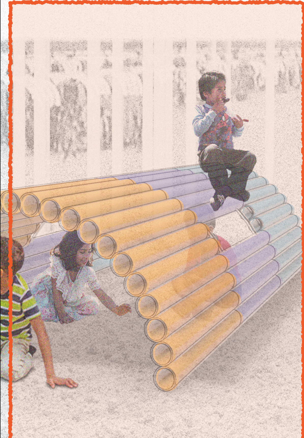 Repeated tubular elements form a climbable and crawlable tunnel that turns simple geometry into an engaging play structure.
