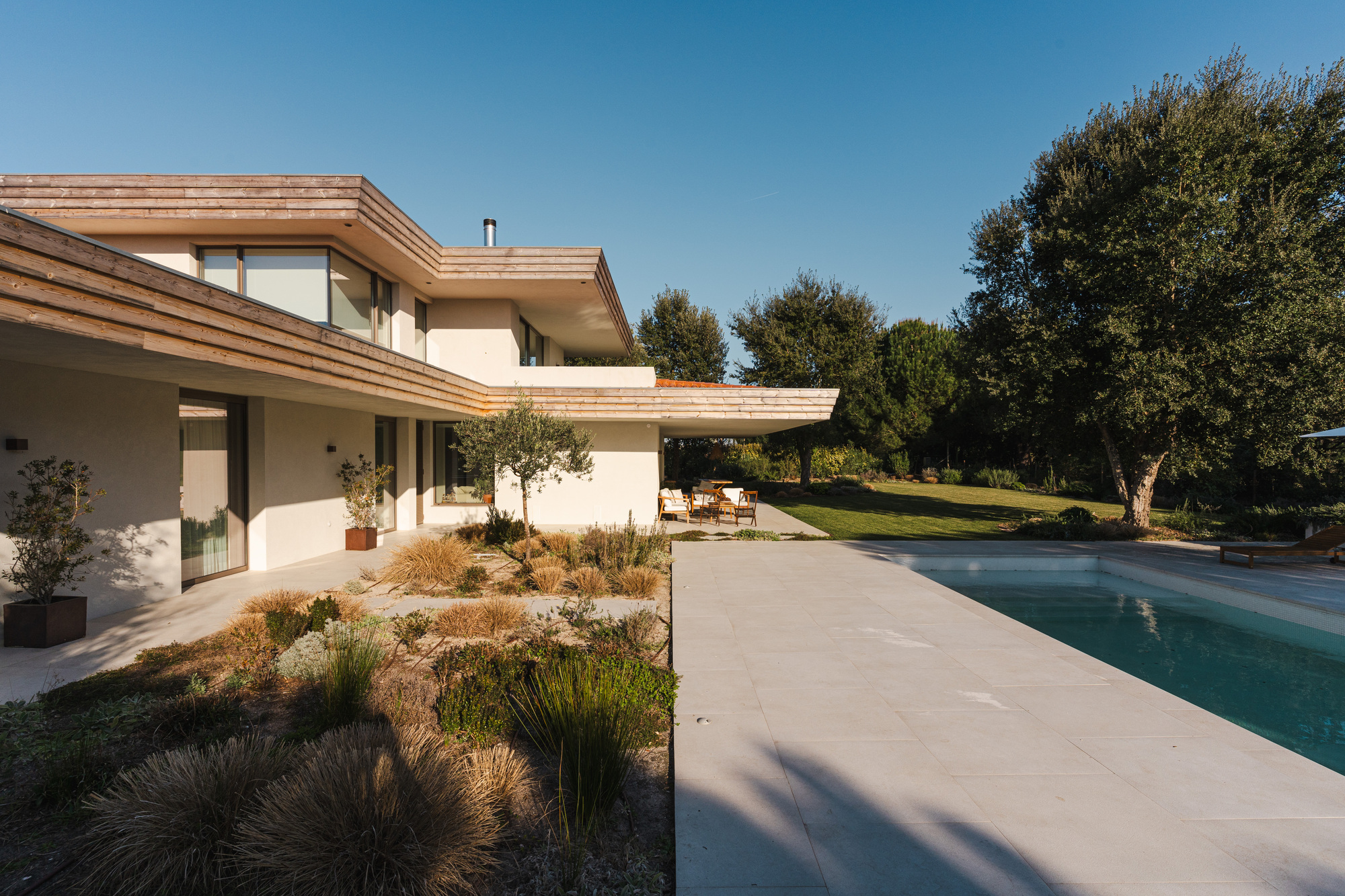 Pool terrace with planted beds and wide roof overhangs surrounded by mature olive trees