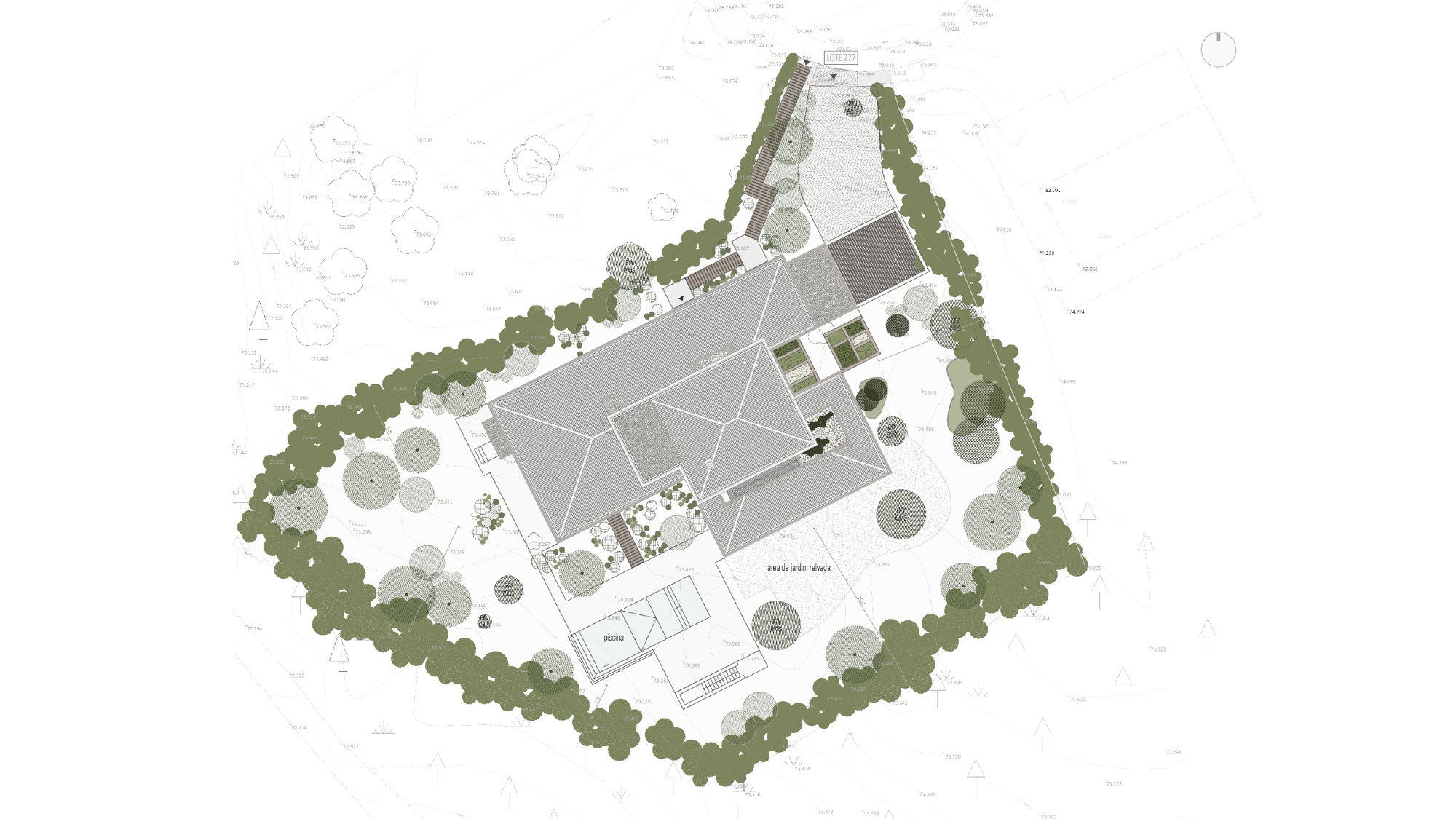 Site plan drawing showing the residence surrounded by a dense tree buffer