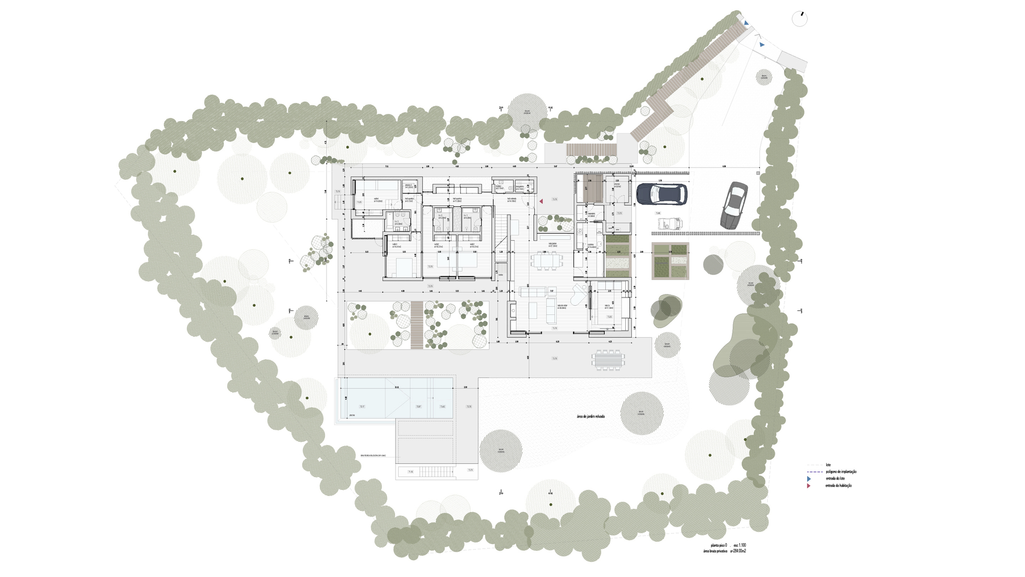 Ground floor plan drawing with interior rooms, outdoor terraces, and planted landscape perimeter