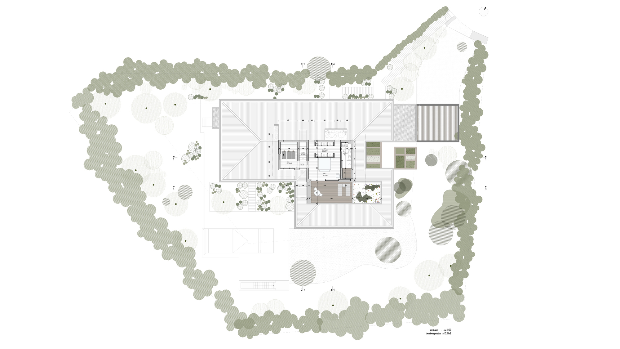 First floor plan drawing showing upper level rooms, roof terrace, and surrounding tree canopy