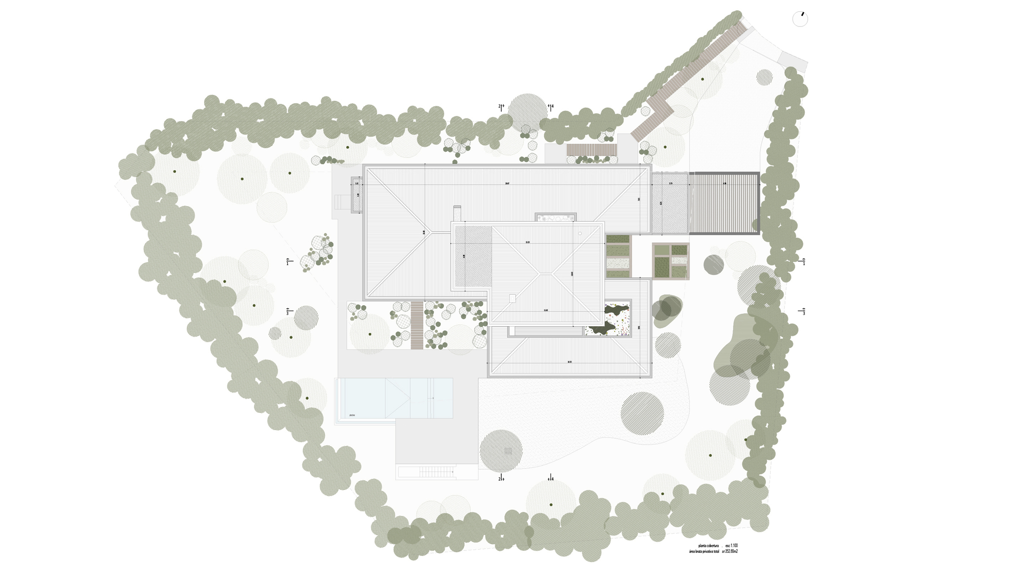 Roof plan drawing illustrating roof planes, terraces, and tree coverage across the site