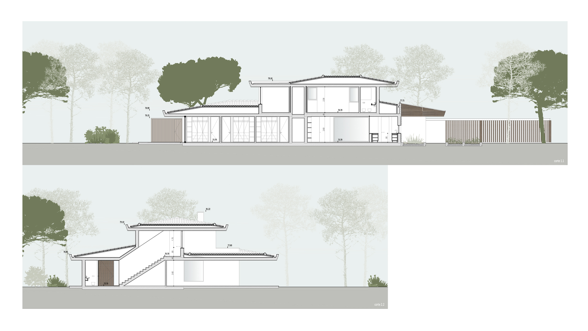 Section drawings showing split-level interior spaces with cantilevered roofs and trees flanking both sides