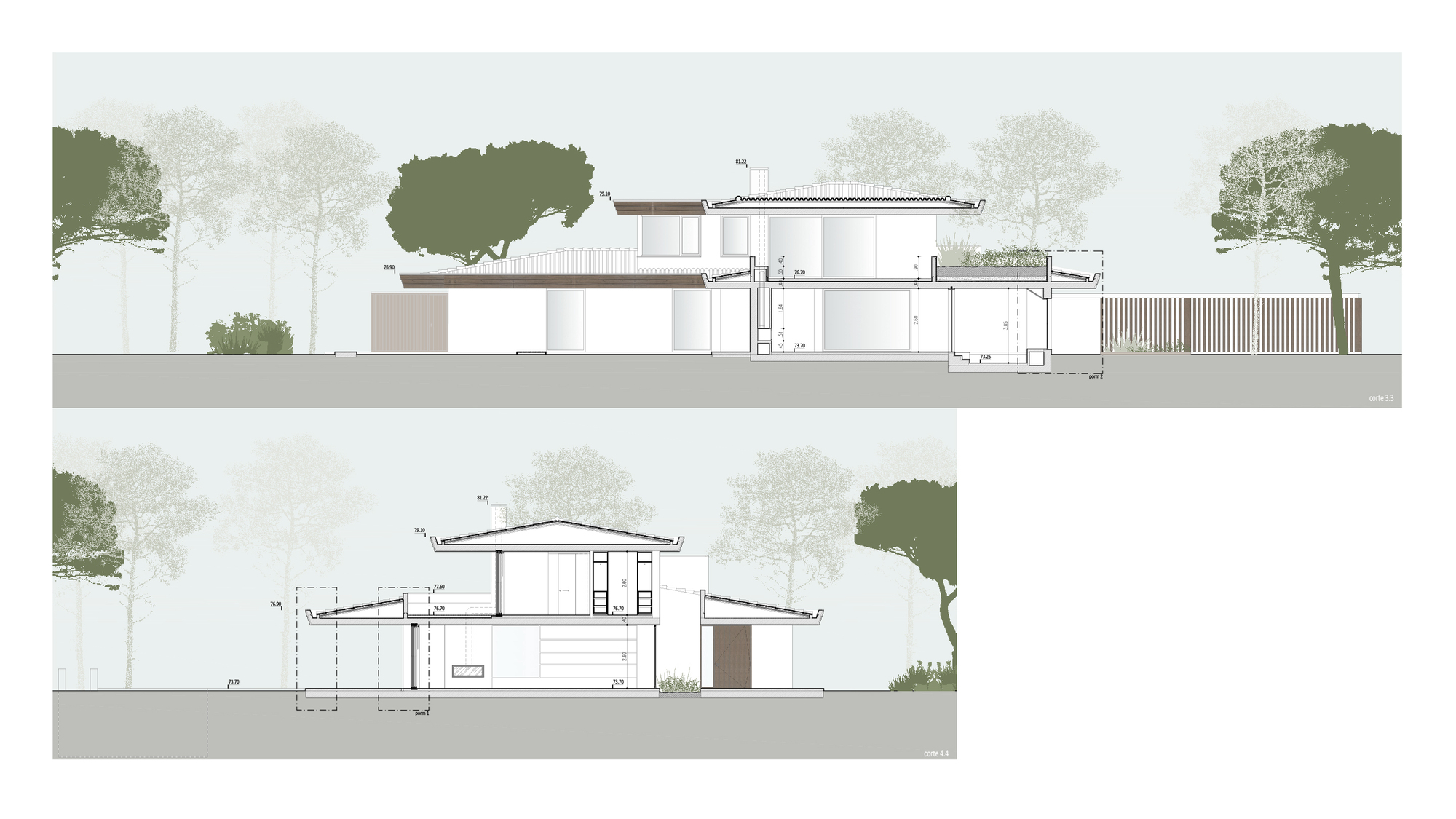 Section drawings showing the two-story volumes with flat roofs amid trees and landscape