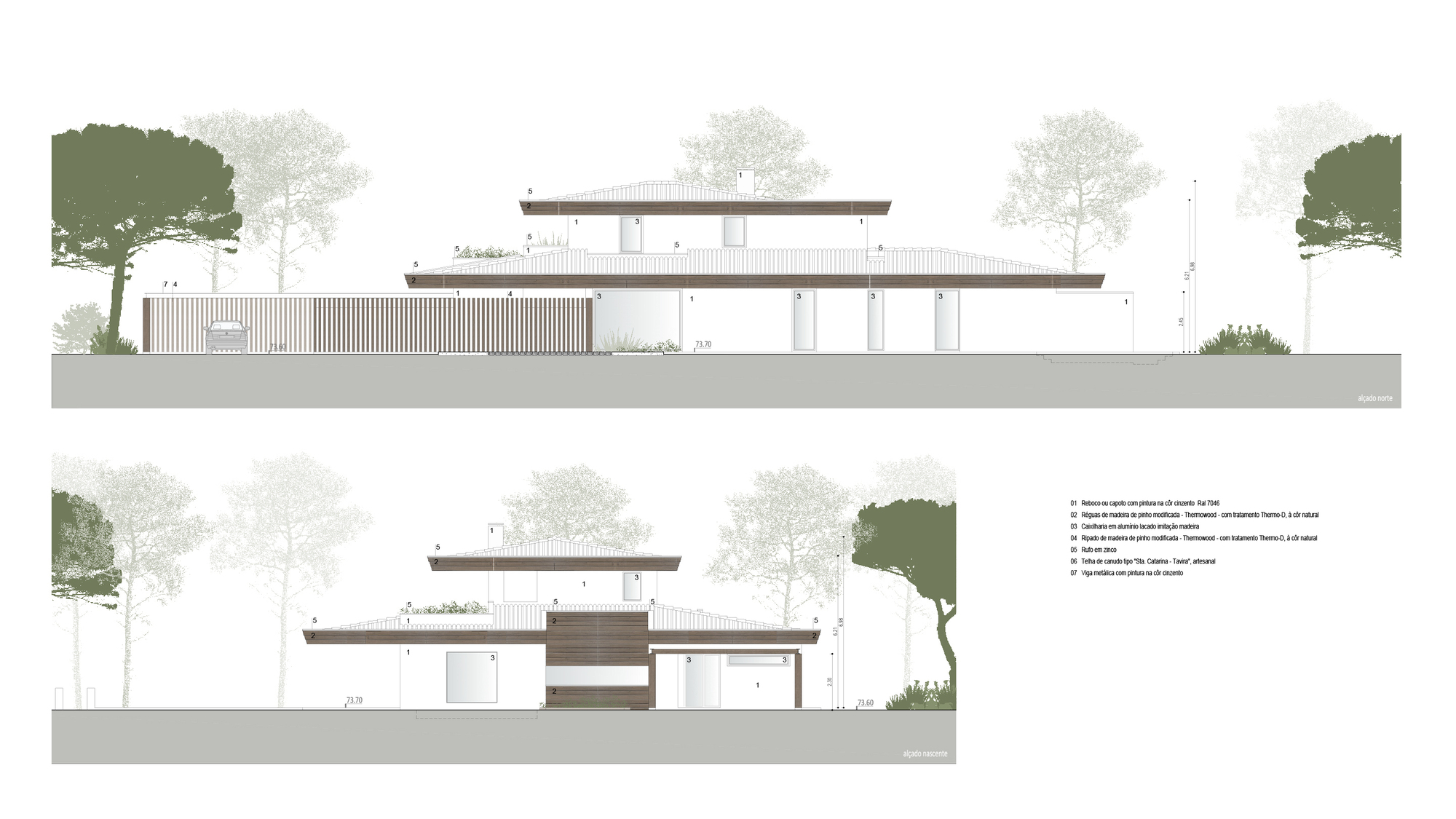 Elevation drawings depicting stacked horizontal planes with vertical slatted screening and surrounding trees