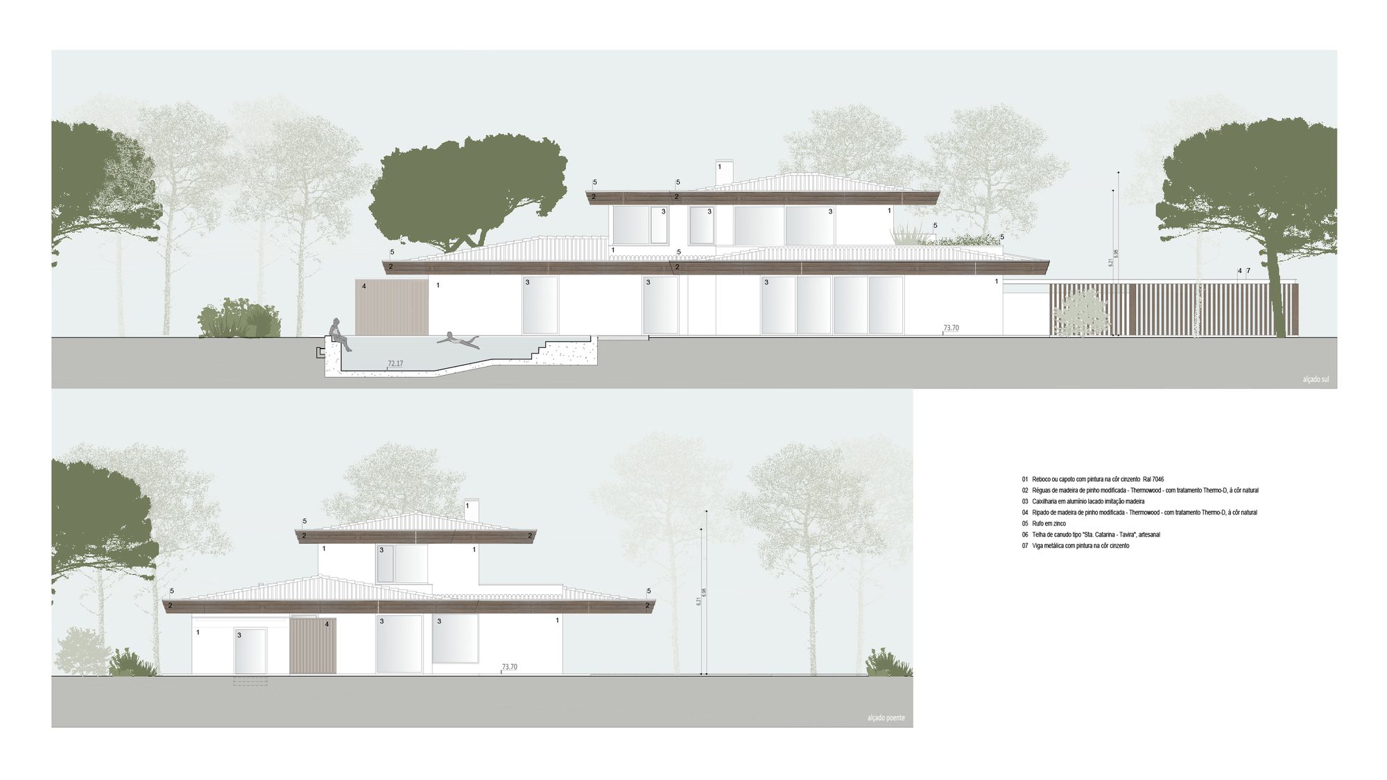 Section and elevation drawings illustrating the terraced levels with overhanging roofs and human scale figures