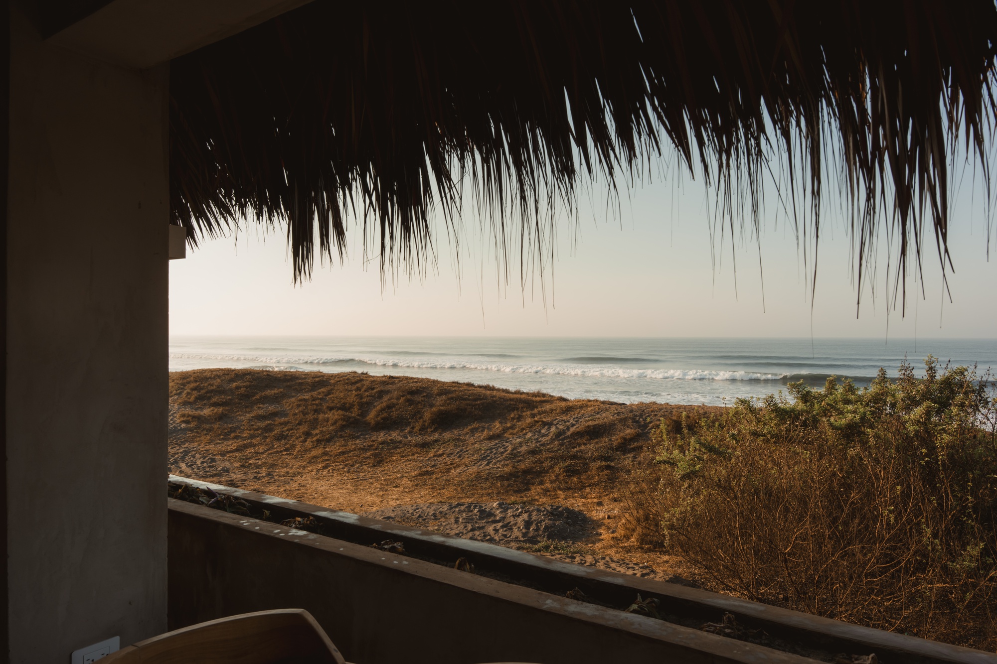 Window framing a view of the ocean and coastal scrub through a thatched roof overhang