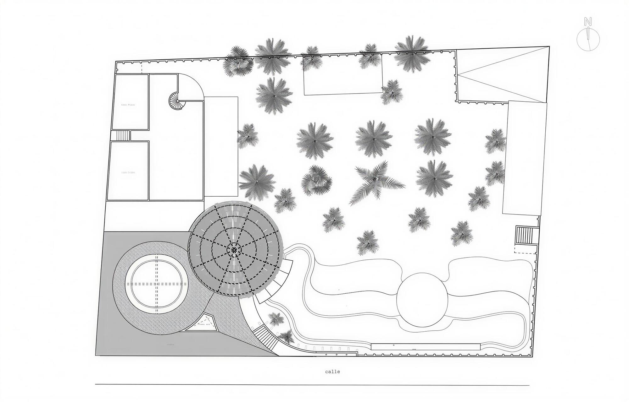 Floor plan drawing showing circular structure with radiating seating and adjacent pool deck