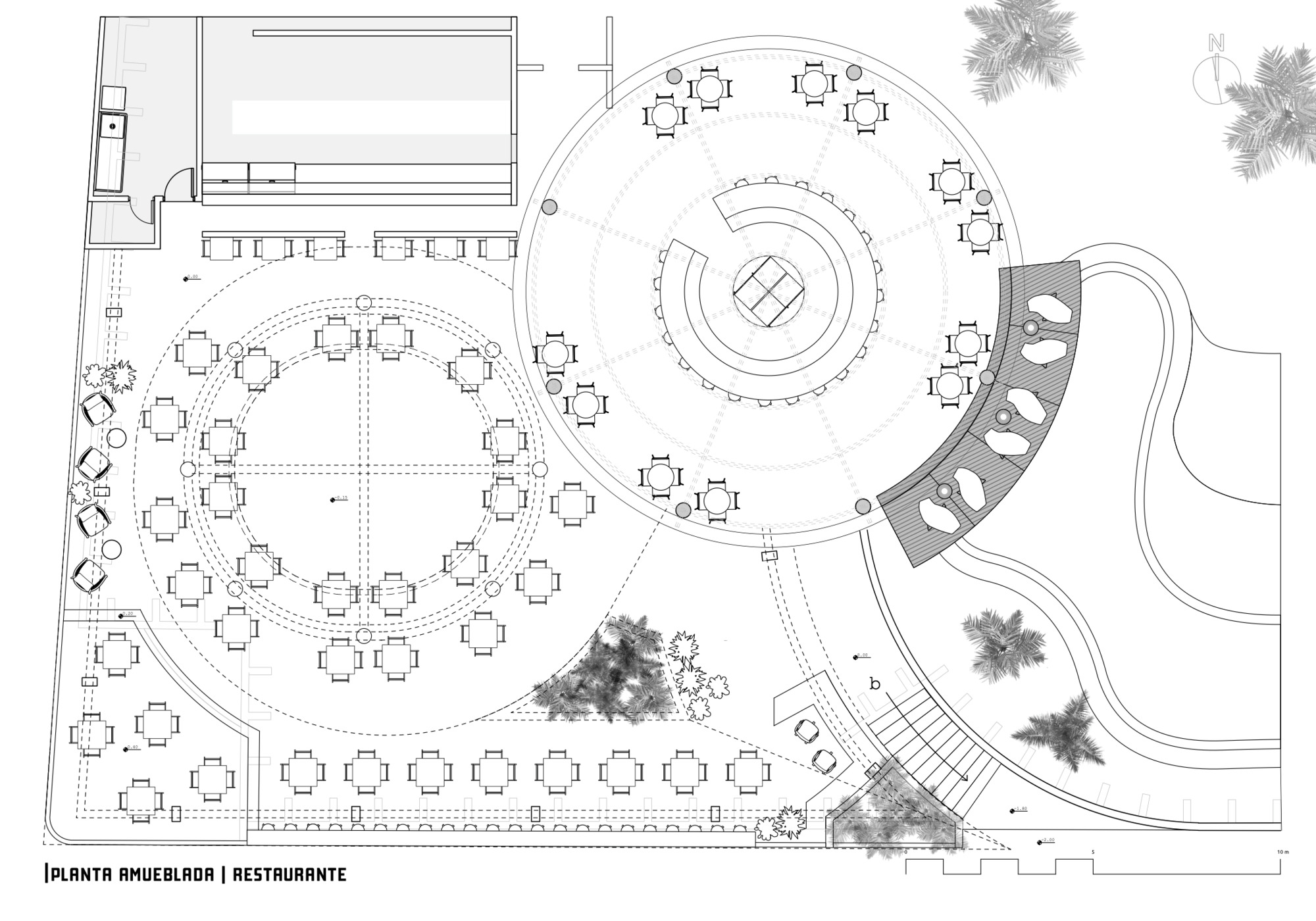 Restaurant floor plan drawing showing circular dining hall with concentric table arrangements and palm trees