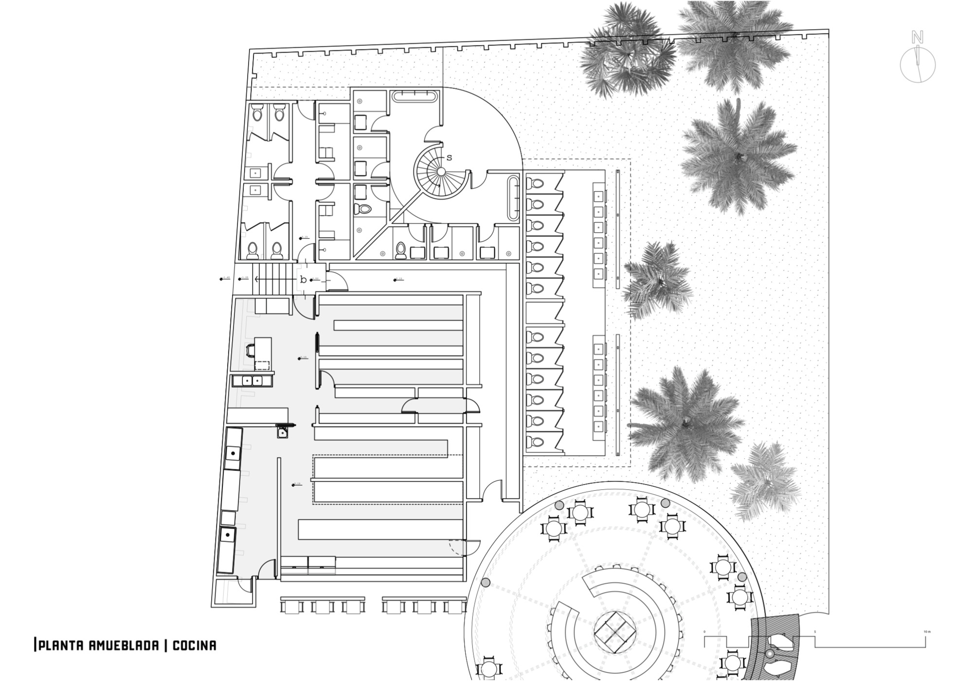 Floor plan drawing showing kitchen and service areas adjacent to a circular bar with palm trees indicated