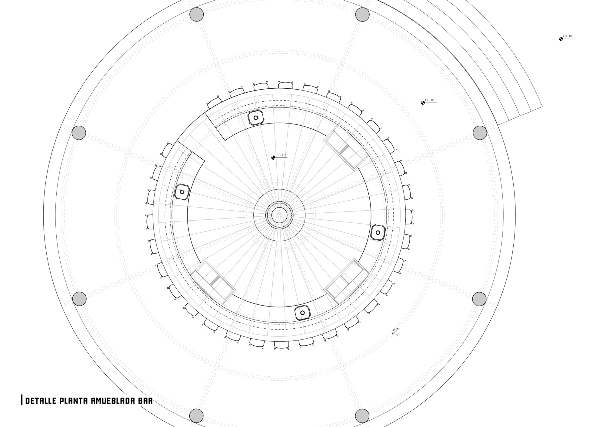 Detail floor plan drawing of a circular bar with radial seating arrangement and central service core