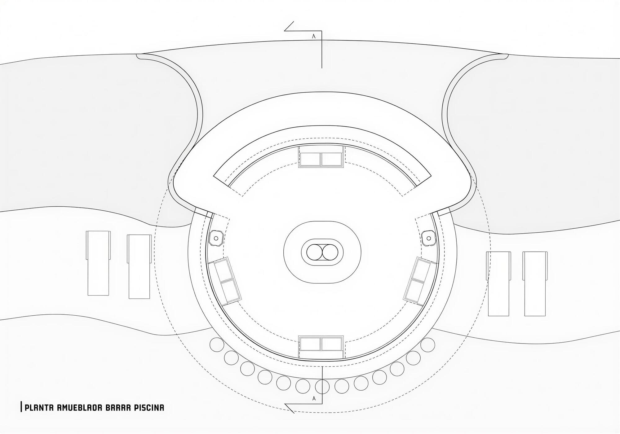 Floor plan drawing showing a circular bar and pool area with curved perimeter seating elements