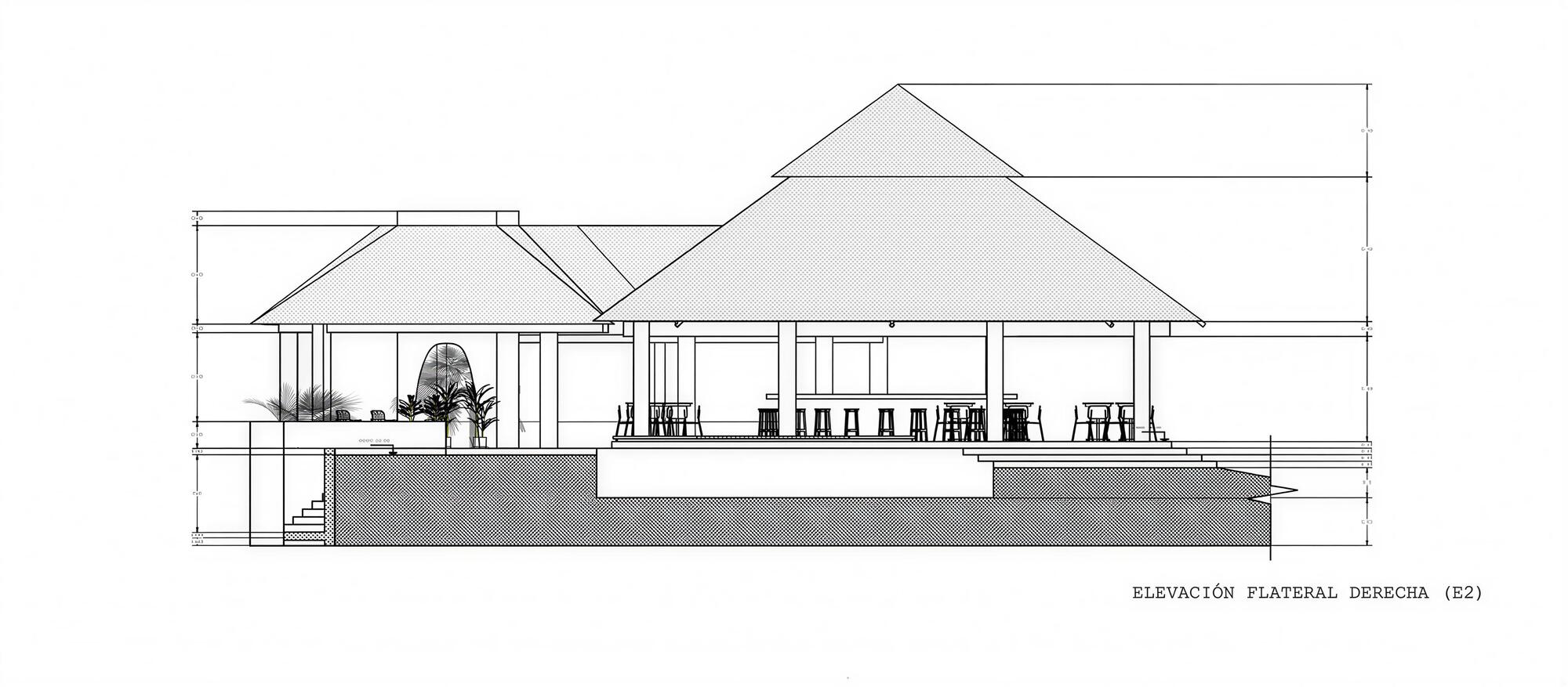 Sectional elevation drawing revealing open interior spaces beneath a pyramidal roof with furniture silhouettes