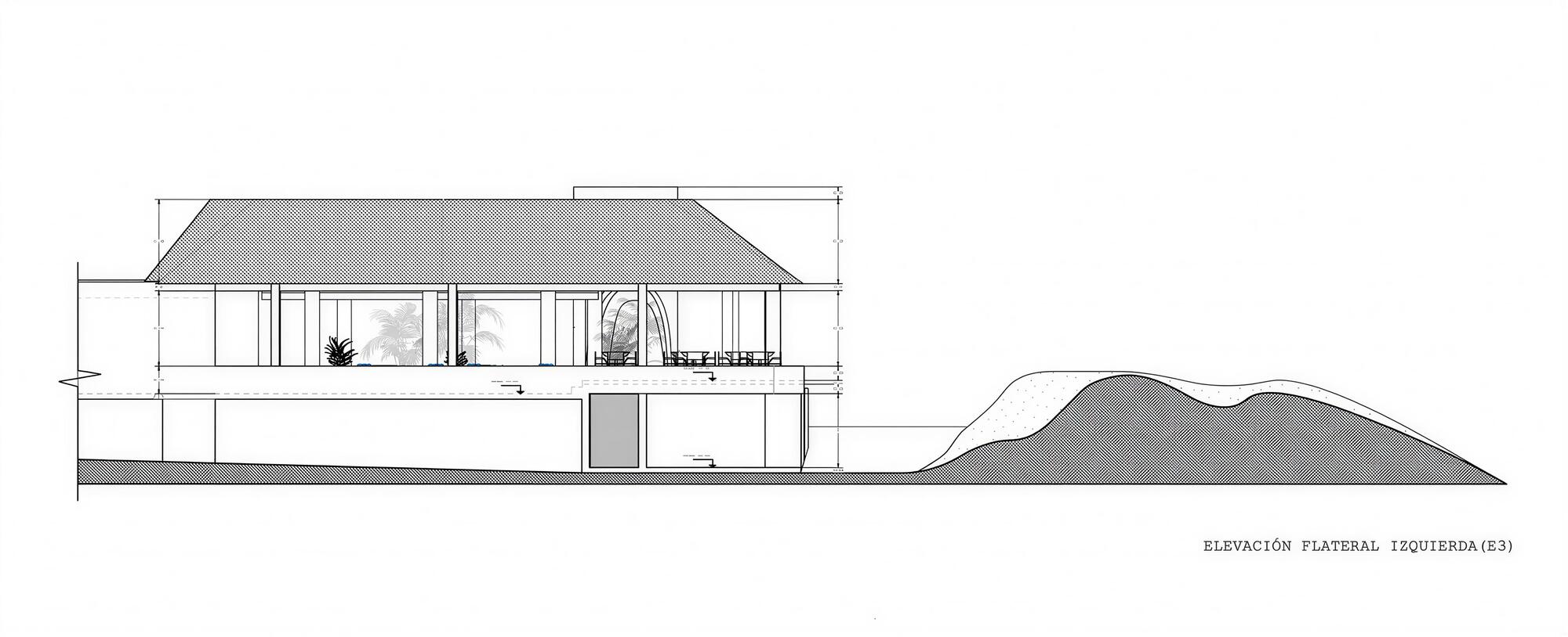 Sectional elevation drawing showing a two-level structure with pyramidal roof and adjacent terrain contours
